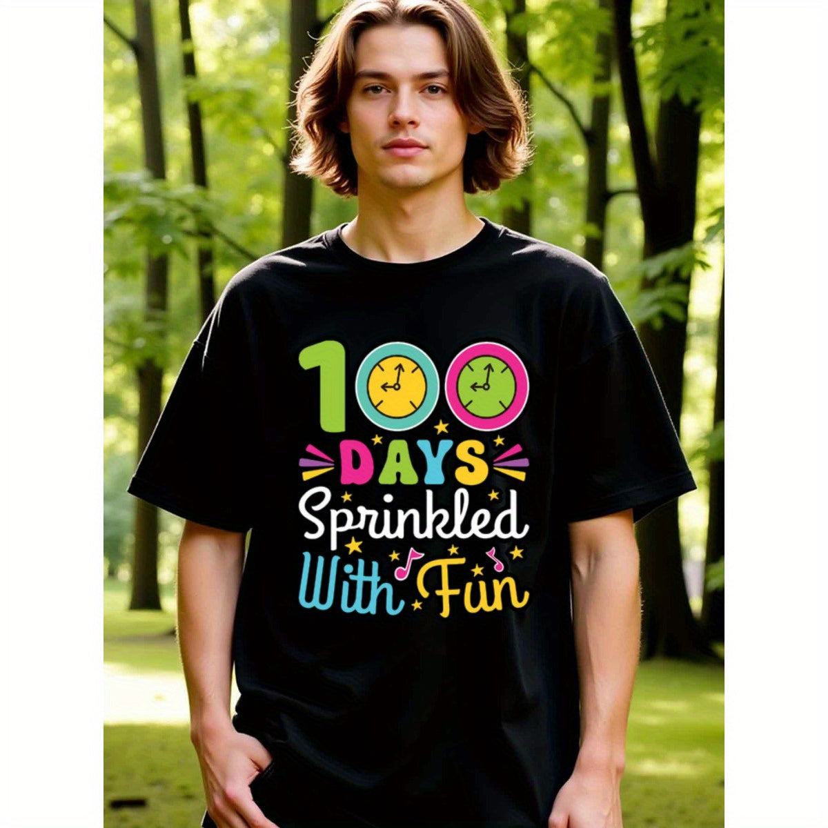 natee local warehouse clearance 100 Days Sprinkled with Fun - Colorful Clocks T-shirt, man's T-Shirt,100% Cotton Fabric,Crew Neck,Short Sleeve,Regular Fit,All-Season Casual Wear,180gsm-Ideal For Summer Holiday Gift, 男t