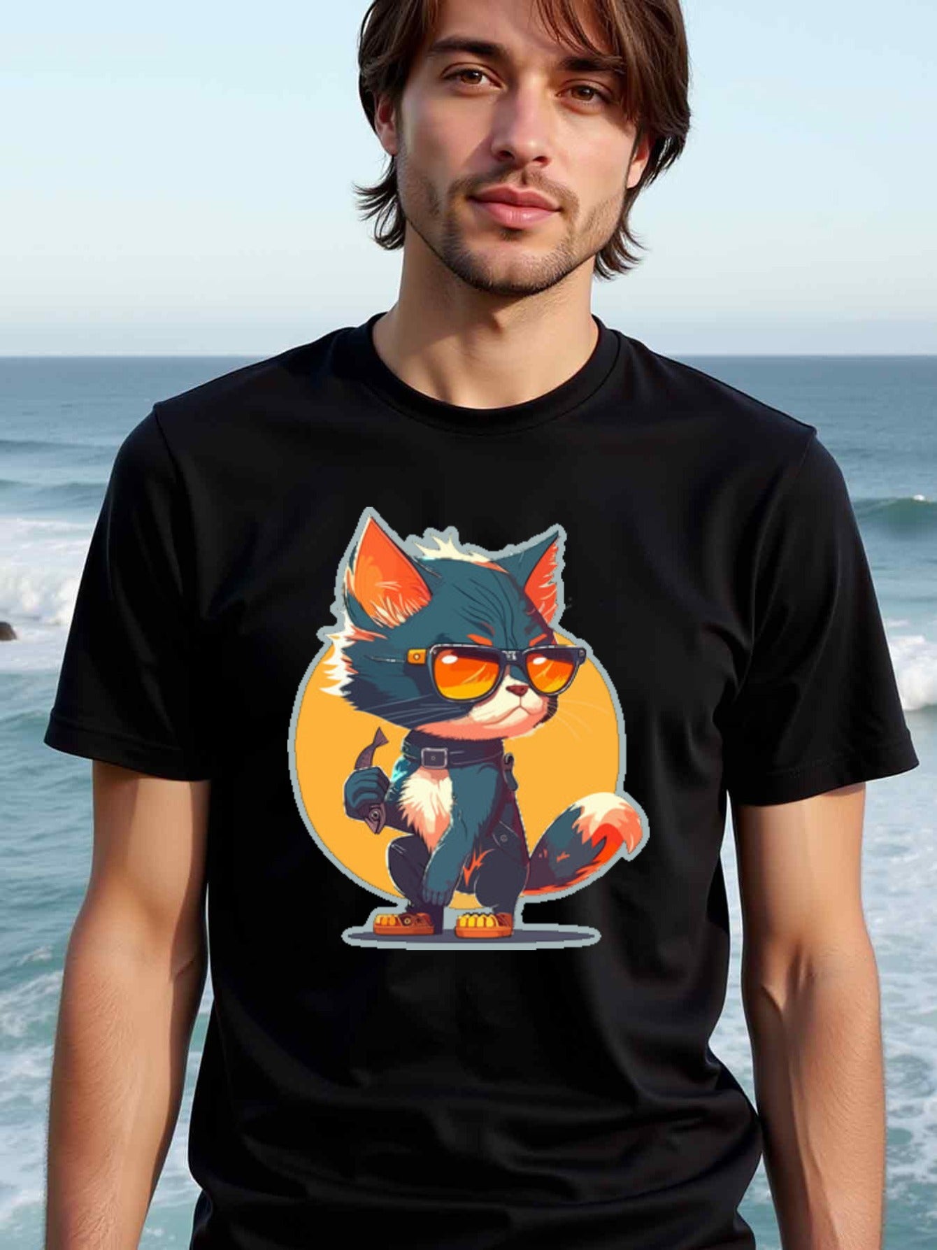 natee local warehouse clearance Badass Cat in Sunglasses Graphic T-shirt, man's T-Shirt,100% Cotton Fabric,Crew Neck,Short Sleeve,Regular Fit,All-Season Casual Wear,180gsm-Ideal for Valentines Christian festival Thanksgiving Day, 男t