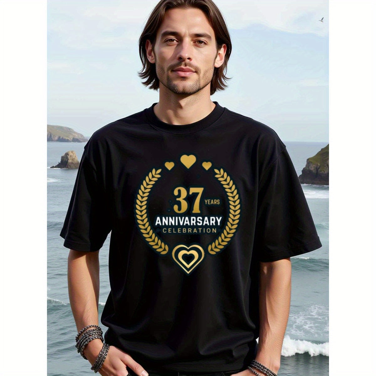 natee local warehouse clearance 37th Anniversary Celebration T-shirt - Gold Hearts & Laurels Design, man's T-Shirt,100% Cotton Fabric,Crew Neck,Short Sleeve,Regular Fit,All-Season Casual Wear,180gsm-Ideal for Valentines Christian festival Thanksgiving Day