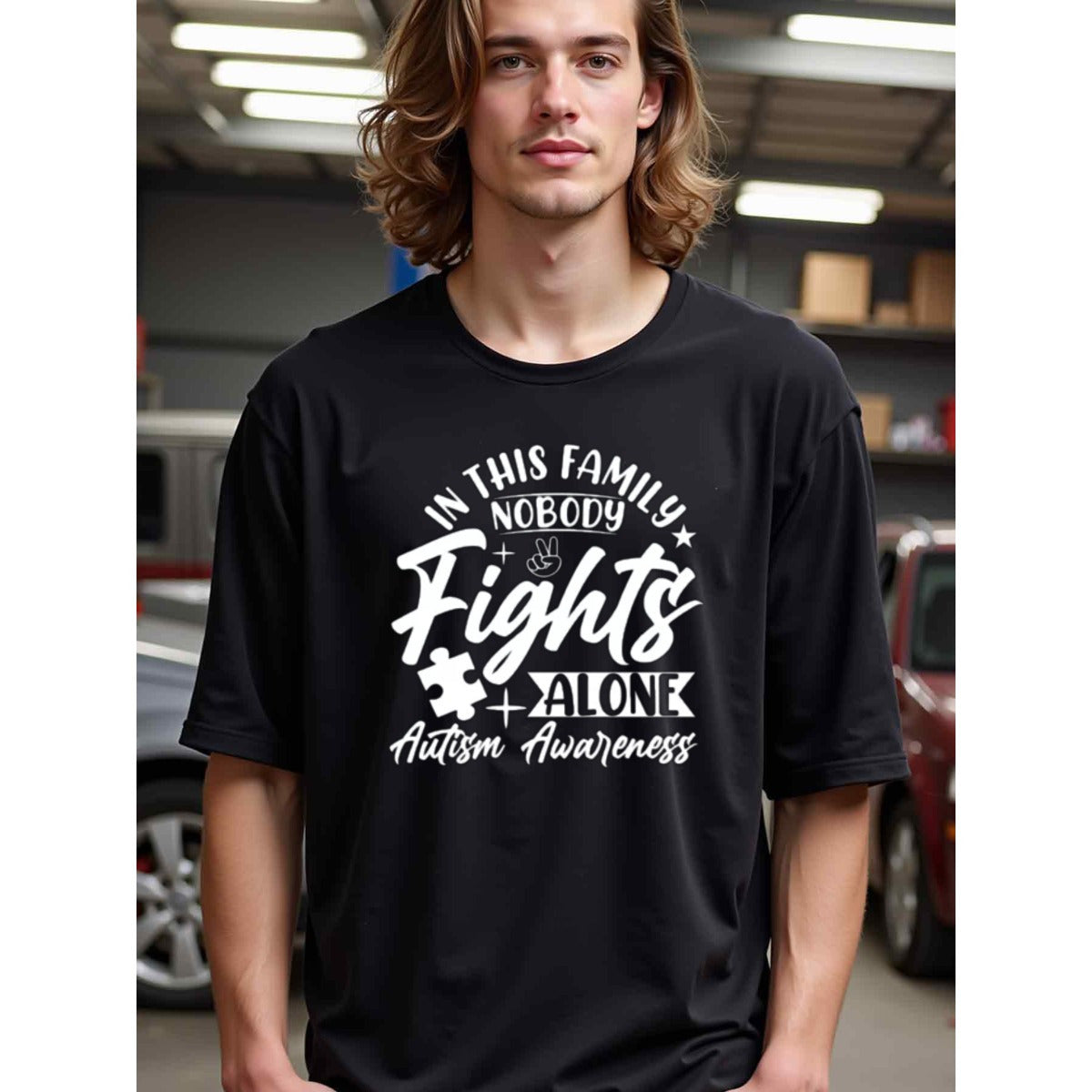 natee local warehouse clearance Autism Awareness: in This Family, Nobody Fights Alone, man's T-Shirt,100% Cotton Fabric,Crew Neck,Short Sleeve,Regular Fit,All-Season Casual Wear,180gsm-Ideal for Valentines Christian festival Thanksgiving Day, 男t