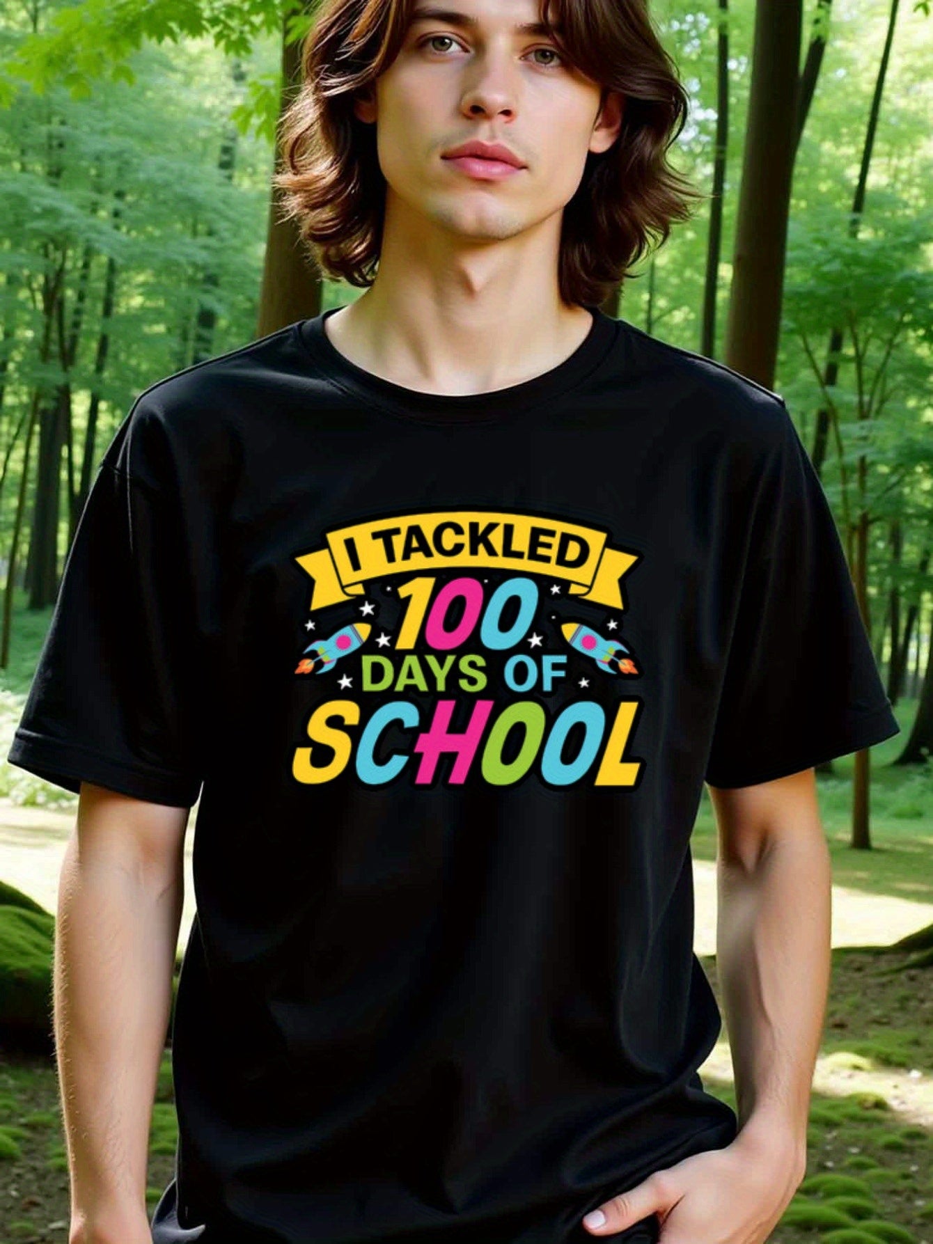 natee local warehouse clearance 100 Days of School T-shirt - Celebrate Milestone!, man's T-Shirt,100% Cotton Fabric,Crew Neck,Short Sleeve,Regular Fit,All-Season Casual Wear,180gsm-Ideal for All Saints' Day Thanksgiving Day, 男t
