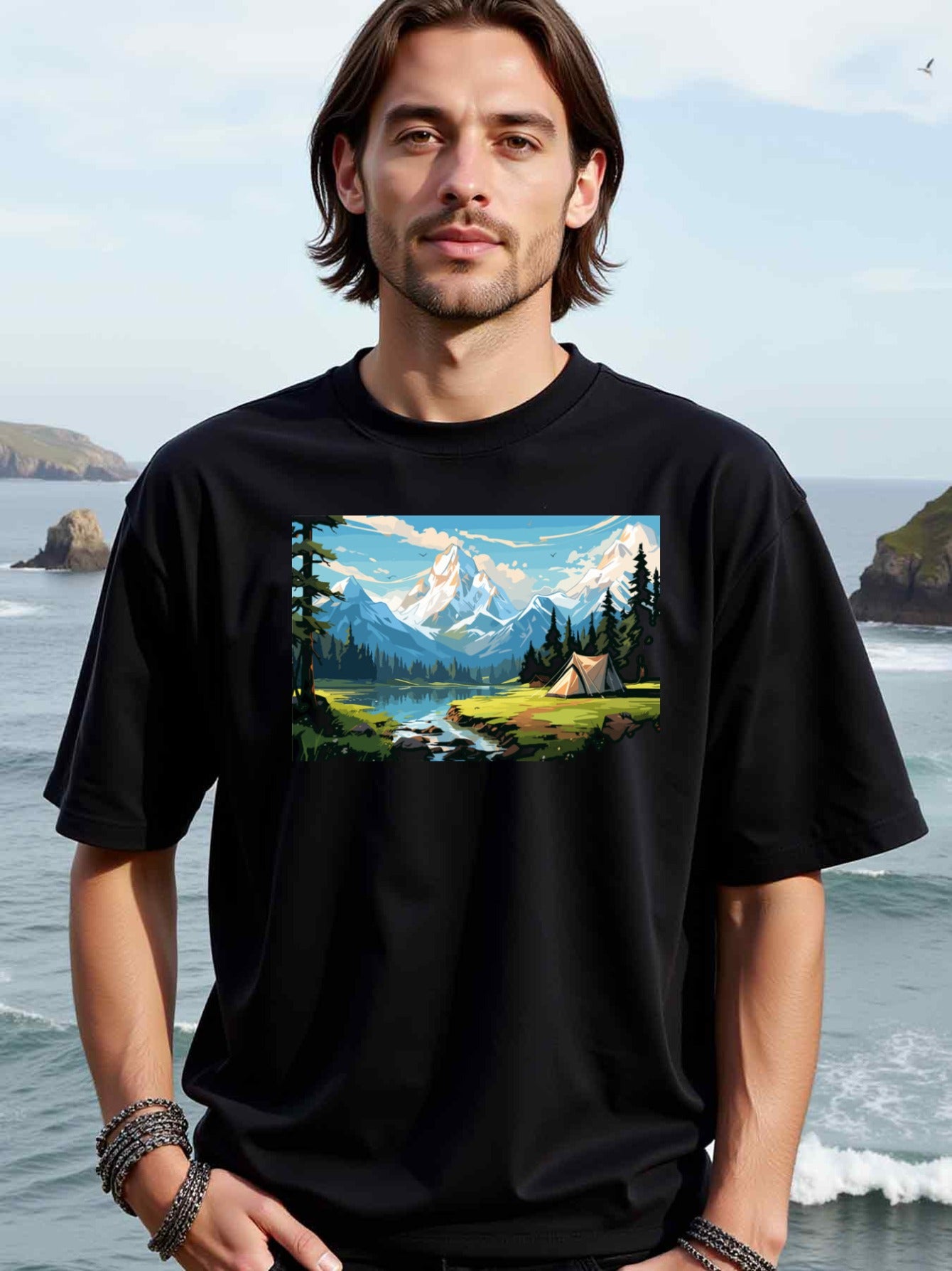 natee local warehouse clearance Adventure Awaits: Mountain Lake Camping Graphic Tee, 男t
