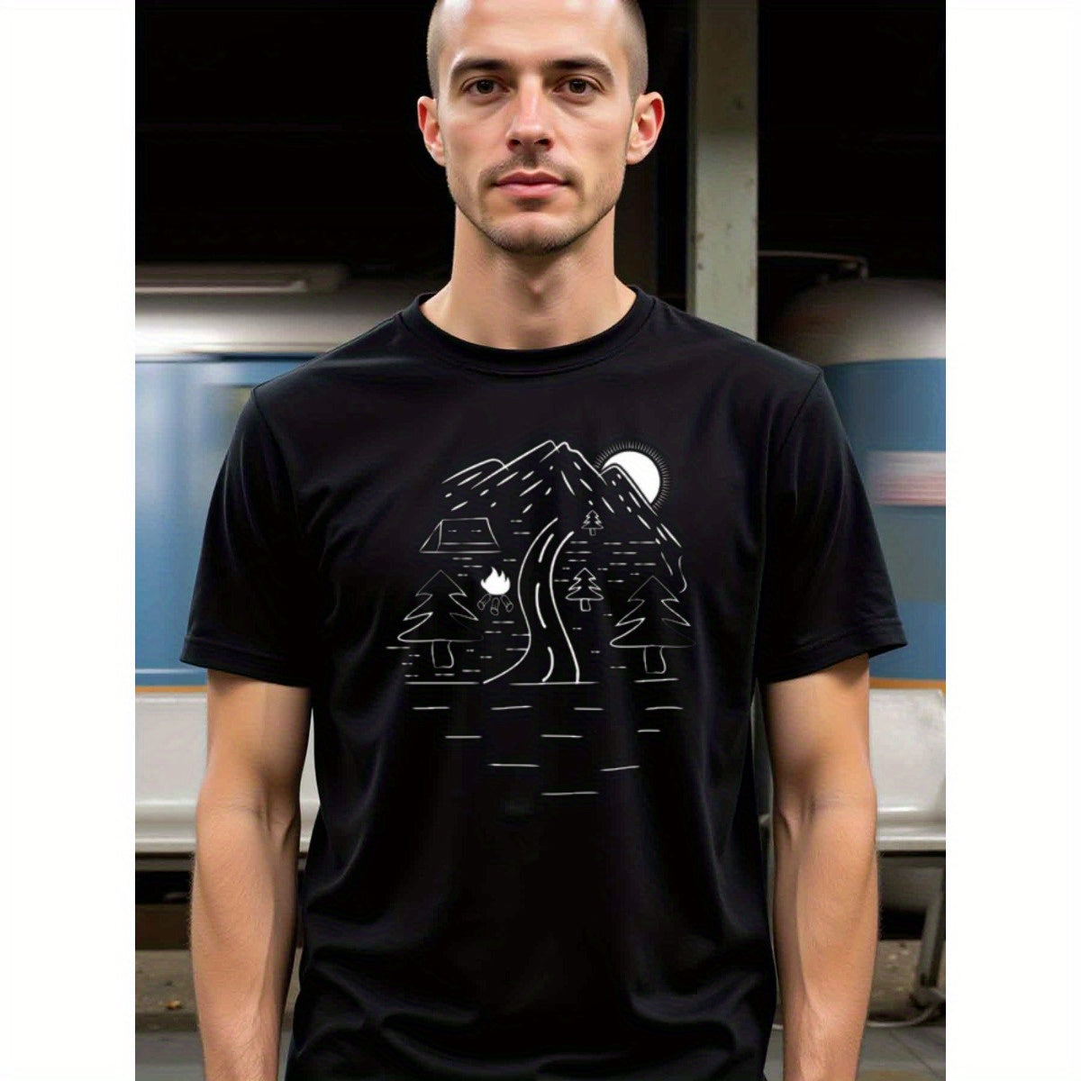 natee local warehouse clearance Adventure Camping Graphic Tee - Mountain & Campfire Design, man's T-Shirt,100% Cotton Fabric,Crew Neck,Short Sleeve,Regular Fit,All-Season Casual Wear,180gsm-Ideal for All Saints' Day Thanksgiving Day, 男t