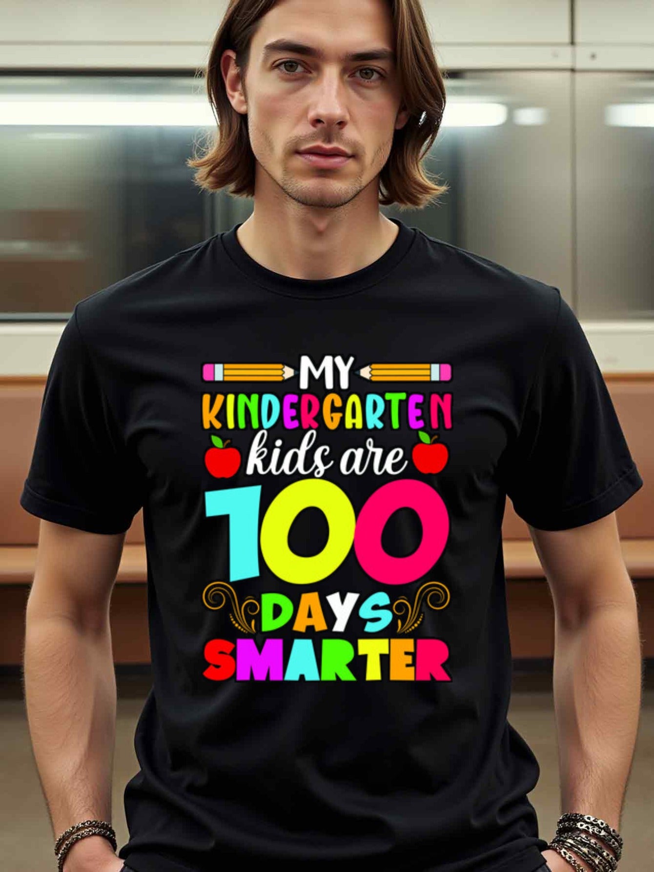 natee local warehouse clearance 100 Days Smarter: Celebrate Kindergarten Milestone with Style!, man's T-Shirt,100% Cotton Fabric,Crew Neck,Short Sleeve,Regular Fit,All-Season Casual Wear,180gsm-Ideal For Summer Holiday Gift, 男t