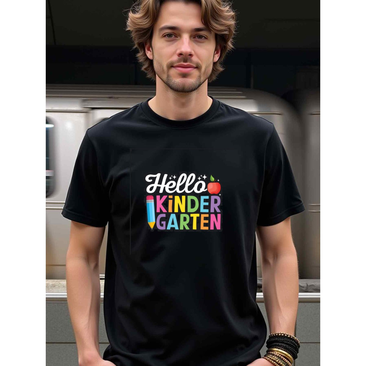 natee local warehouse clearance Back-to-school Hello Kindergarten Graphic Tee, 100% Cotton Fabric,Crew Neck,Short Sleeve,Regular Fit,All-season casual wear for man and teens-perfect for running, hiking, the beach, and parties Christian festival Thanksgivi