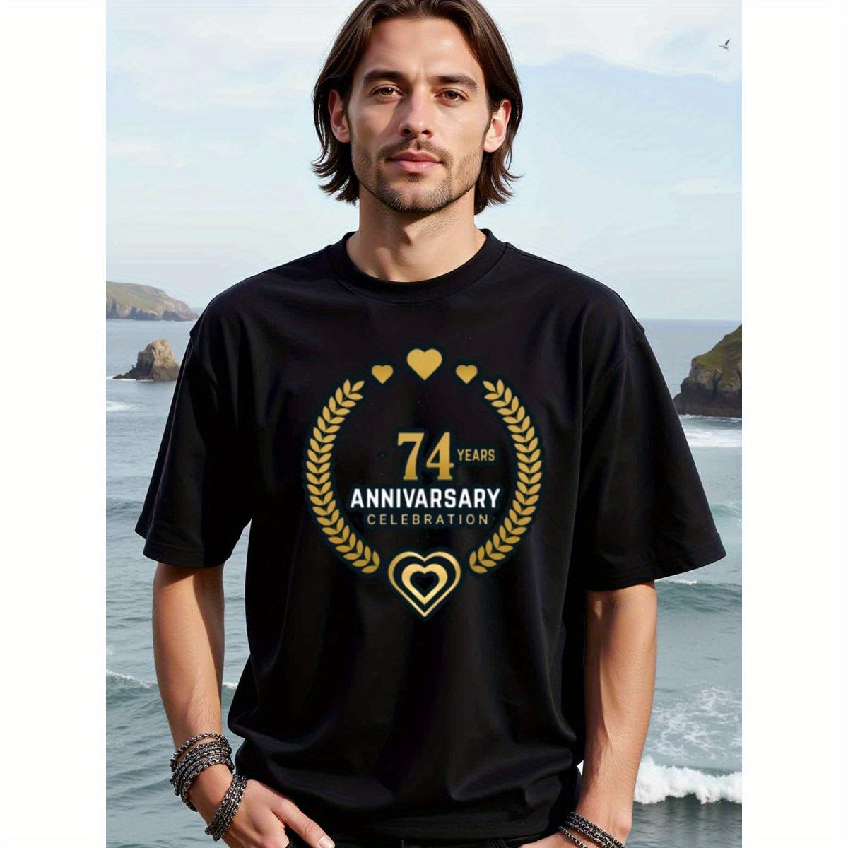 natee local warehouse clearance 74th Anniversary Celebration T-shirt - Black with Gold Hearts & Laurel Wreath Design, 100% Cotton Fabric,Crew Neck,Regular Fit,Weekend Casual Wear,180gsm Family Friends Christian festival Thanksgiving Day, 男t
