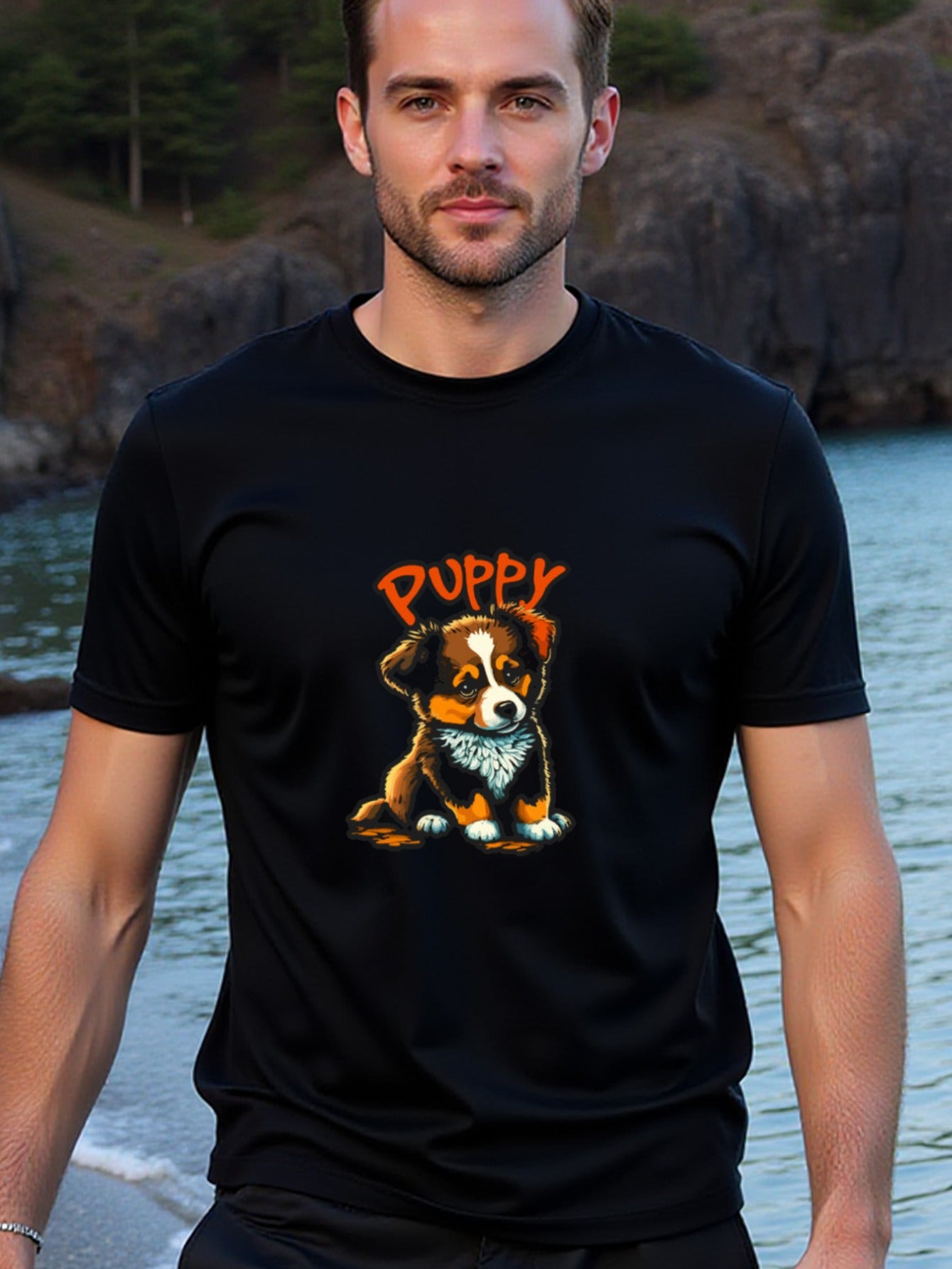 natee local warehouse clearance Adorable Puppy Graphic Tee for Dog Lovers, 100% Cotton Fabric,Crew Neck,Regular Fit,Weekend Casual Wear,180gsm Family Friends Christian festival Thanksgiving Day, 男t