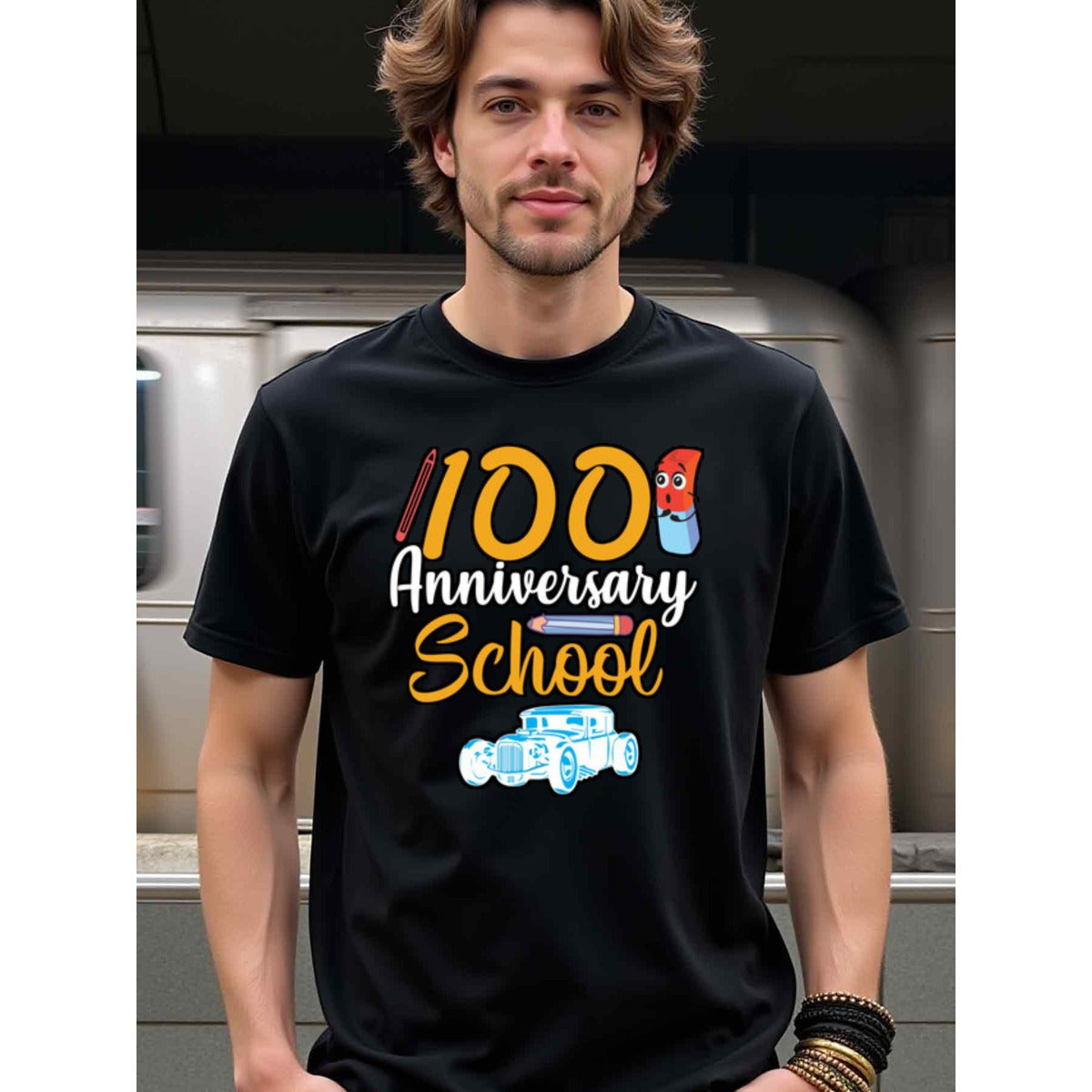 natee local warehouse clearance 100th Anniversary School Celebration T-shirt, man's T-Shirt,100% Cotton Fabric,Crew Neck,Short Sleeve,Regular Fit,All-Season Casual Wear,180gsm-Ideal For Summer Holiday Gift, 男t
