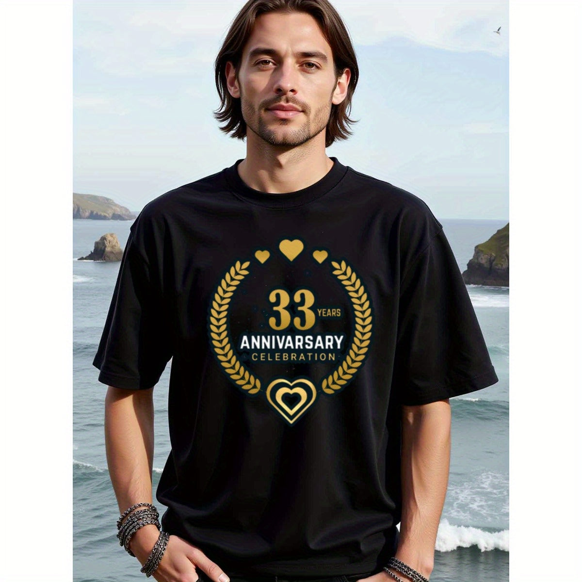 natee local warehouse clearance 33rd Anniversary Celebration T-shirt - Black & Gold Hearts Design, 男t