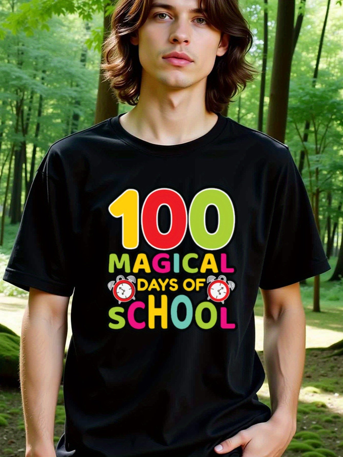 natee local warehouse clearance 100 Magical Days of School - Colorful Celebration T-shirt, man's T-Shirt,100% Cotton Fabric,Crew Neck,Short Sleeve,Regular Fit,All-Season Casual Wear,180gsm-Ideal for Valentines Christian festival Thanksgiving Day, 男t