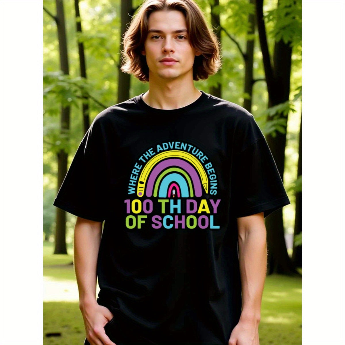 natee local warehouse clearance 100th Day of School Adventure Rainbow T-shirt, 100% Cotton Fabric,Crew Neck,Regular Fit,Weekend Casual Wear,180gsm Family Friends Christian festival Thanksgiving Day, 男t