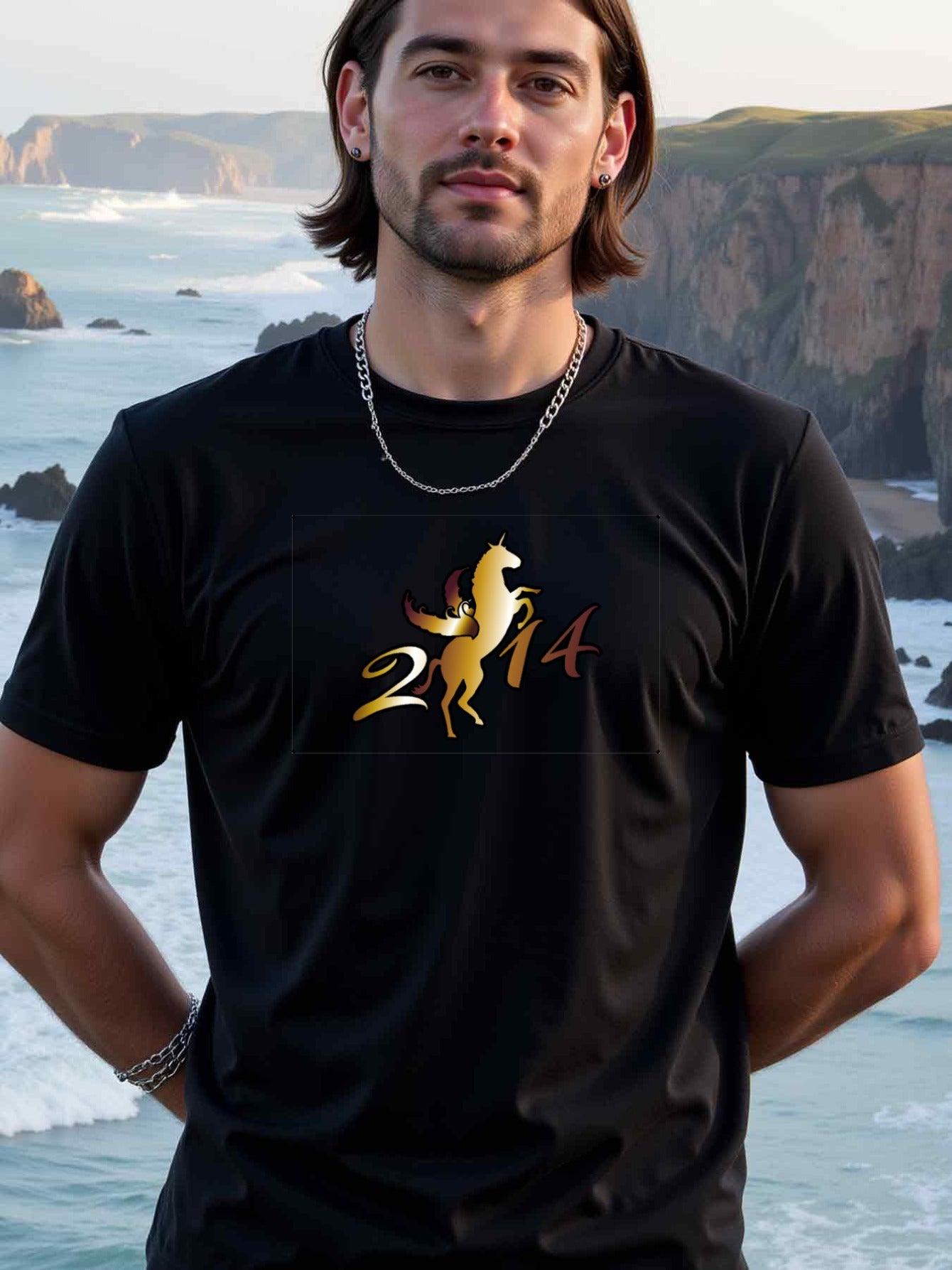 natee local warehouse clearance 2014 Year of the Horse Gold Graphic Tee, 100% Cotton Fabric,Crew Neck,Short Sleeve,Regular Fit,All-season casual wear for man and teens-perfect for running, hiking, the beach, and parties Christian festival Thanksgiving Day
