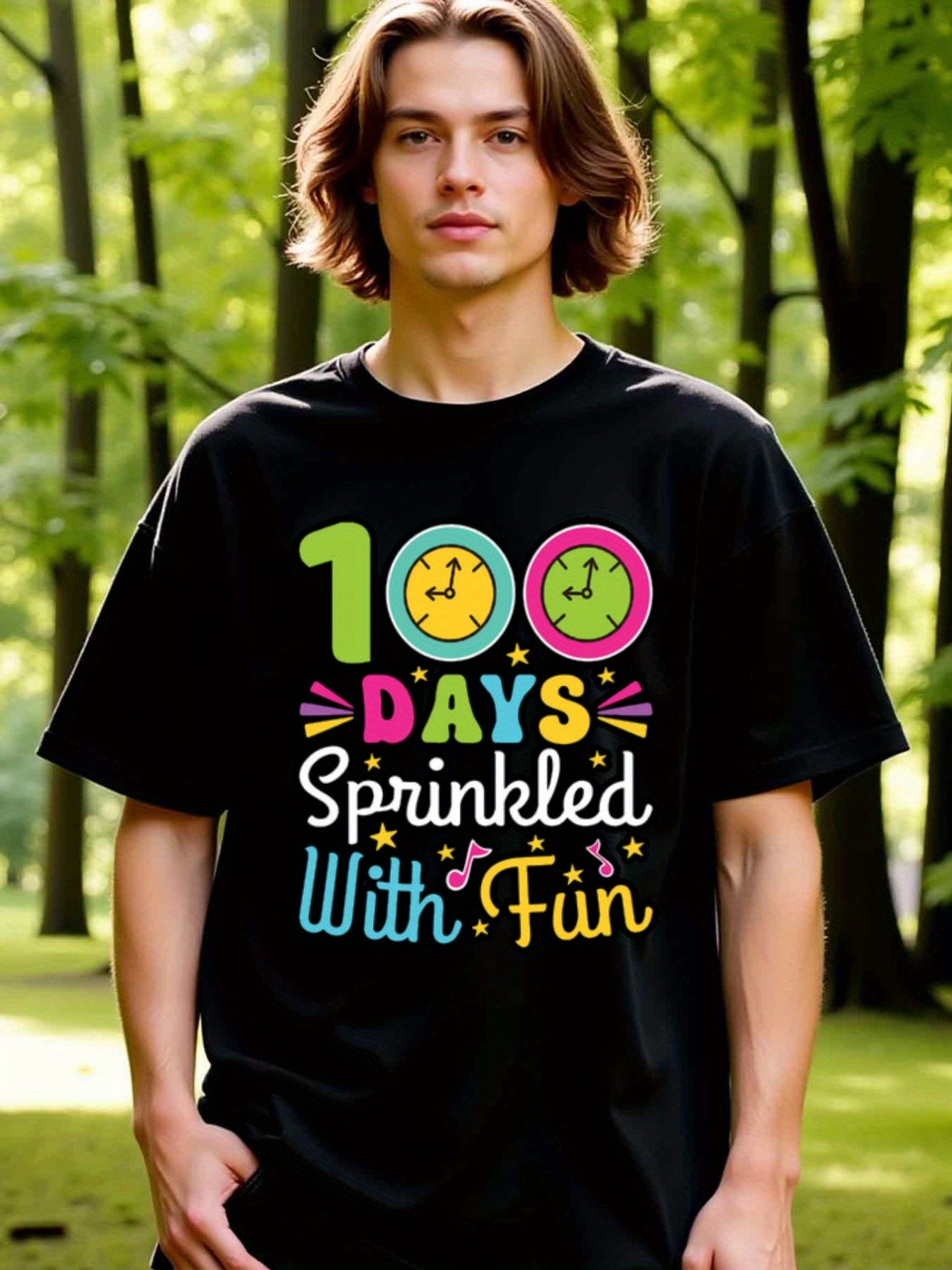 natee local warehouse clearance 100 Days Sprinkled with Fun - Colorful Clocks T-shirt, man's T-Shirt,100% Cotton Fabric,Crew Neck,Short Sleeve,Regular Fit,All-Season Casual Wear,180gsm-Ideal For Summer Holiday Gift, 男t