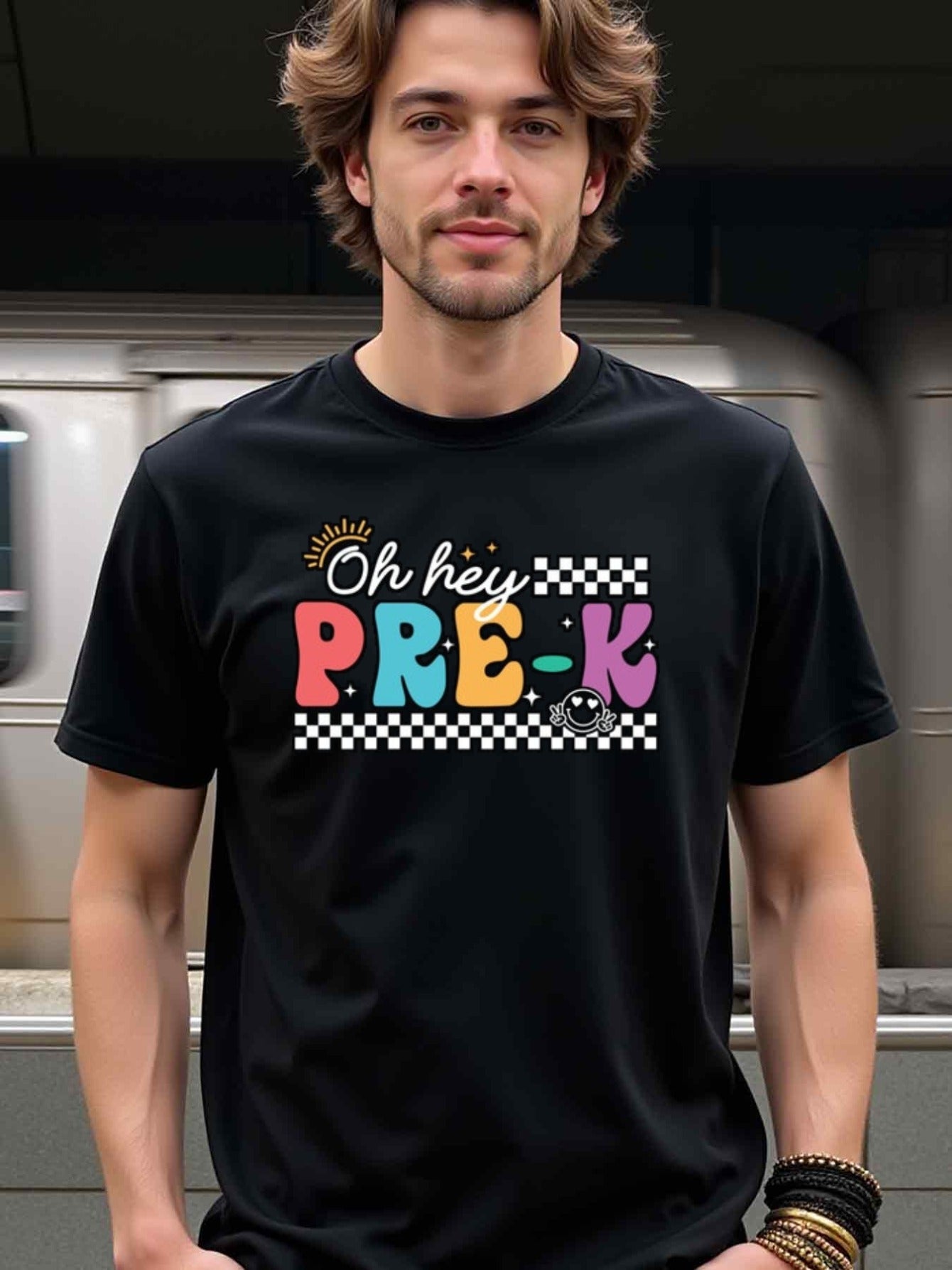 natee local warehouse clearance Back-to-school Oh Hey Pre-k Graphic Tee for Teachers & Parents, man's T-Shirt,100% Cotton Fabric,Crew Neck,Short Sleeve,Regular Fit,All-Season Casual Wear,180gsm-Ideal for All Saints' Day Thanksgiving Day, 男t
