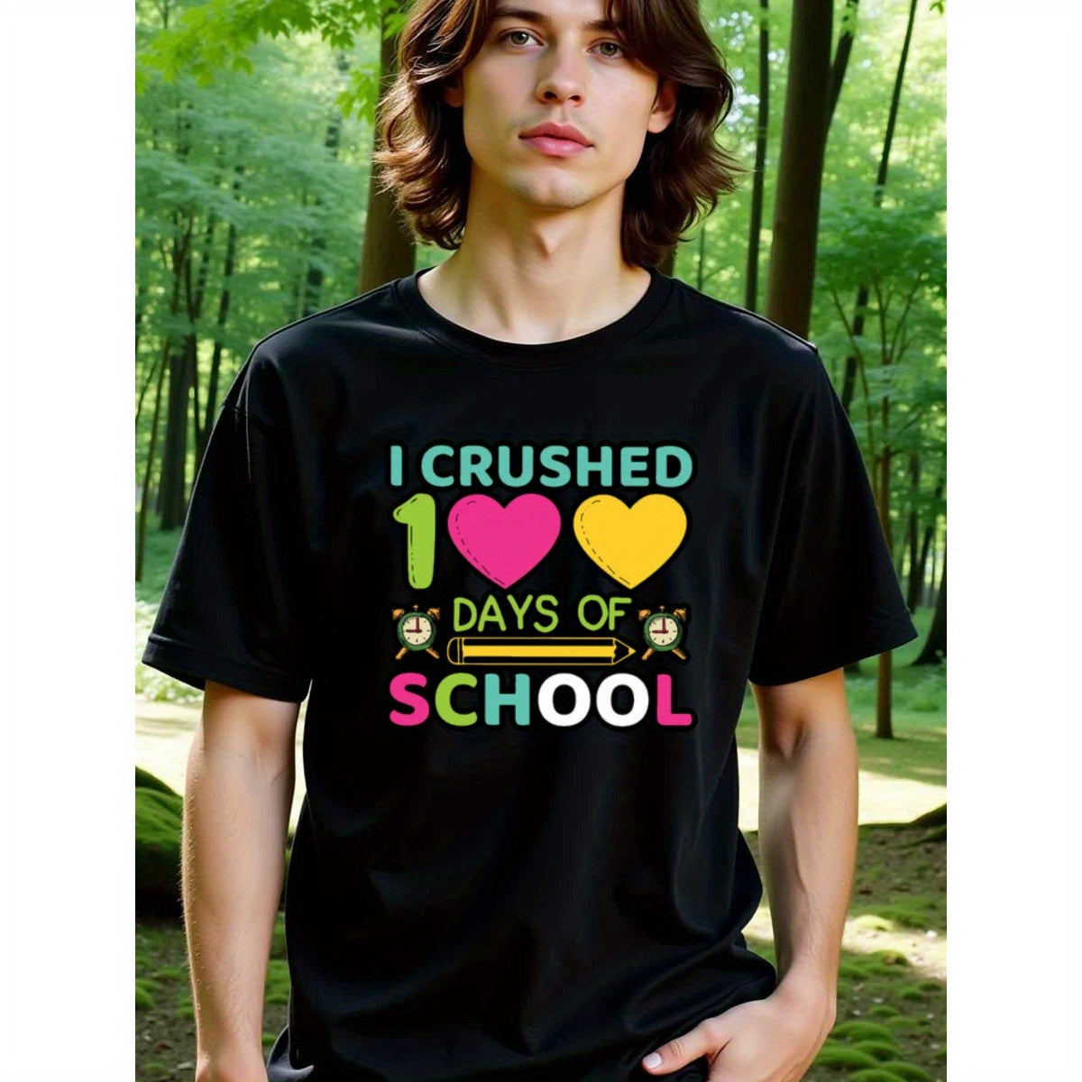 natee local warehouse clearance 100 Days of School Celebration T-shirt, man's T-Shirt,100% Cotton Fabric,Crew Neck,Short Sleeve,Regular Fit,All-Season Casual Wear,180gsm-Ideal for Valentines Christian festival Thanksgiving Day, 男t