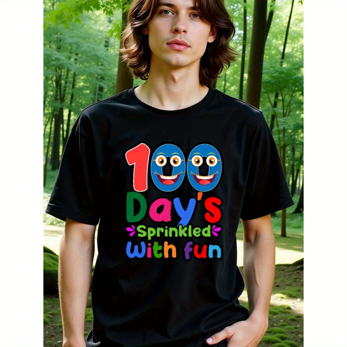 natee local warehouse clearance 100 Days Sprinkled with Fun - Colorful Kids T-shirt, man's T-Shirt,100% Cotton Fabric,Crew Neck,Short Sleeve,Regular Fit,All-Season Casual Wear,180gsm-Ideal for Valentines Christian festival Thanksgiving Day, 男t