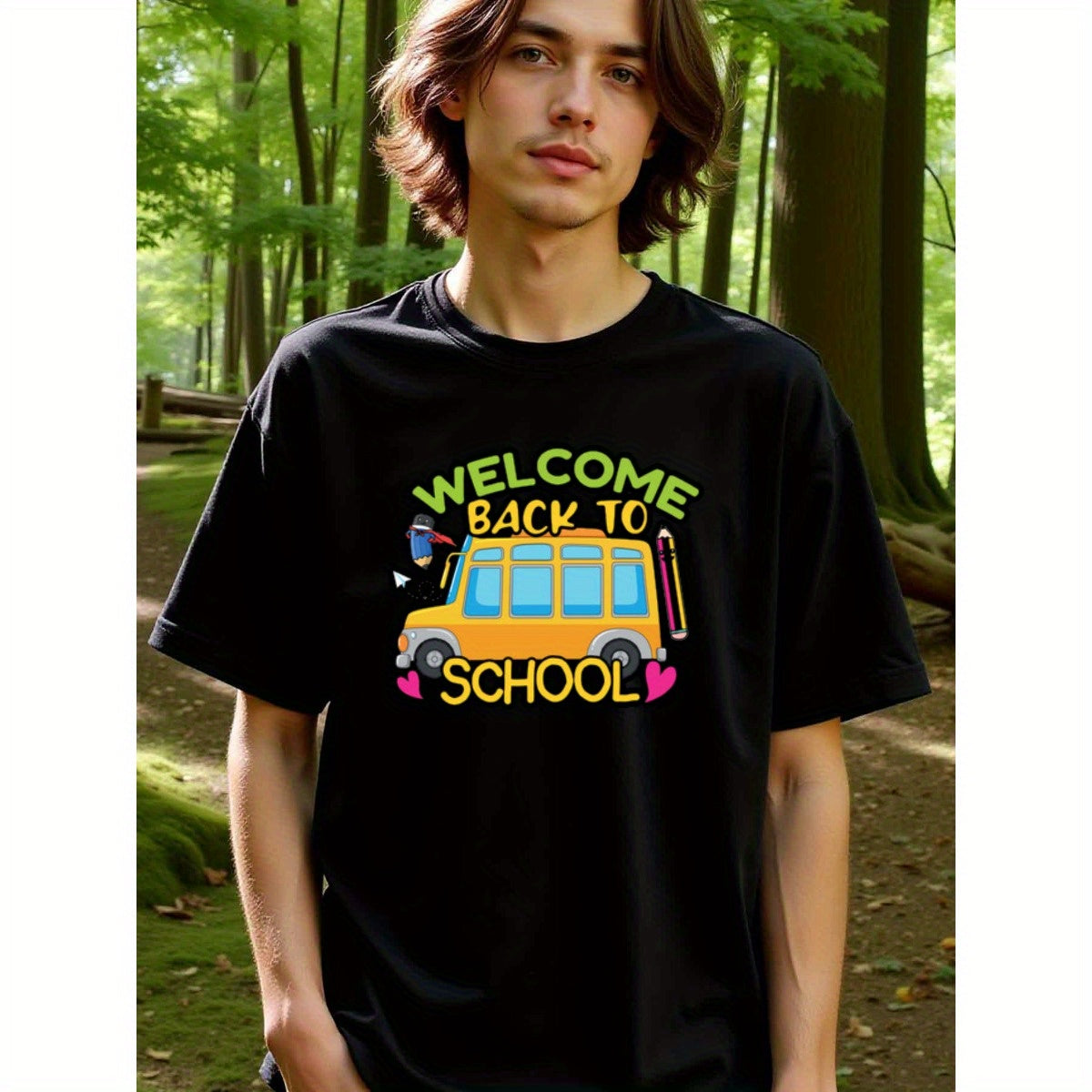 natee local warehouse clearance Back to School Bus Graphic Tee for Kids & Adults, man's T-Shirt,100% Cotton Fabric,Crew Neck,Short Sleeve,Regular Fit,All-Season Casual Wear,180gsm-Ideal for Valentines Christian festival Thanksgiving Day, 男t
