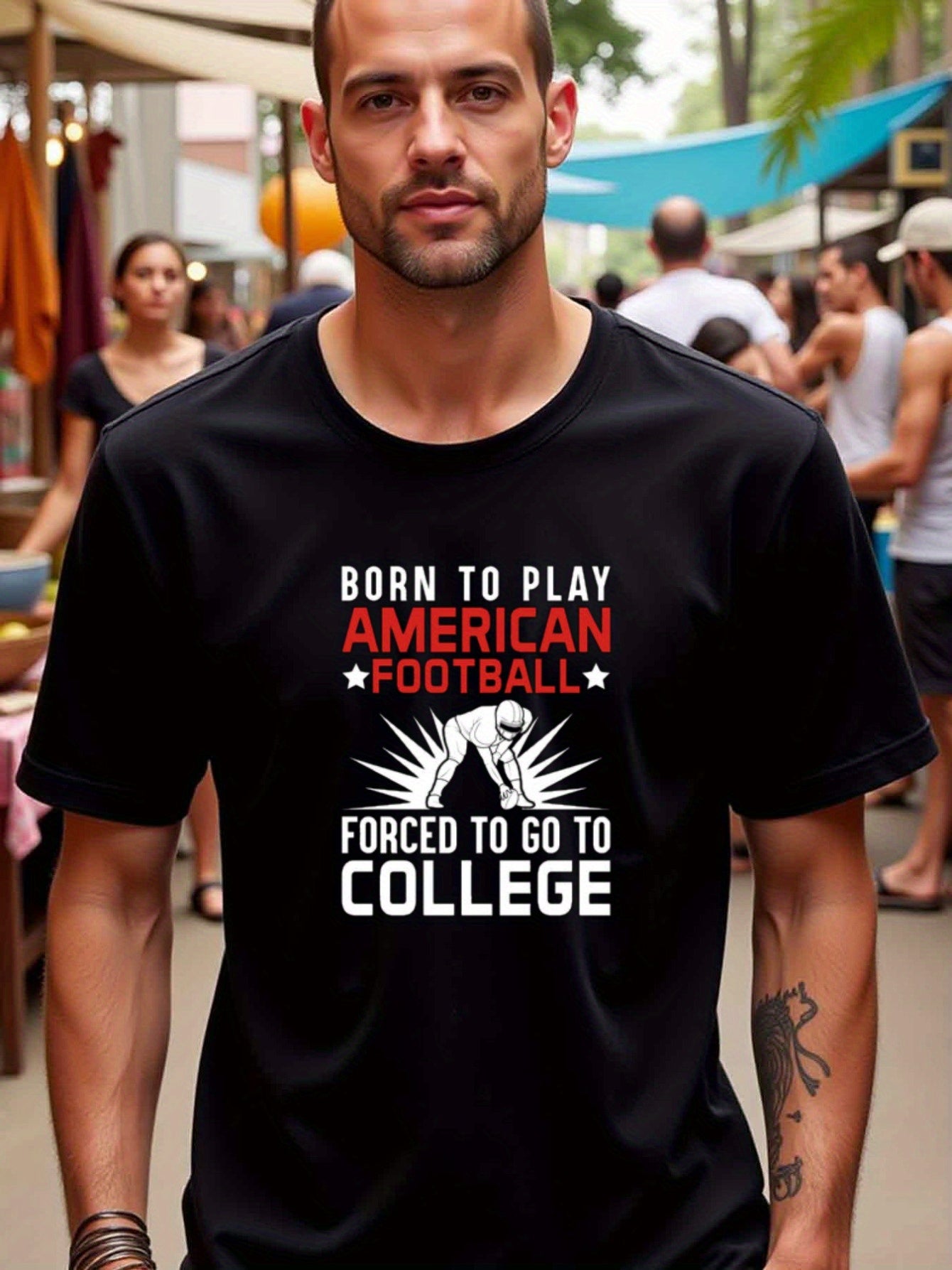 natee local warehouse clearance Born to Play American Football, Forced to Go to College, man's T-Shirt,100% Cotton Fabric,Crew Neck,Short Sleeve,Regular Fit,All-Season Casual Wear,180gsm-Ideal for All Saints' Day Thanksgiving Day,
