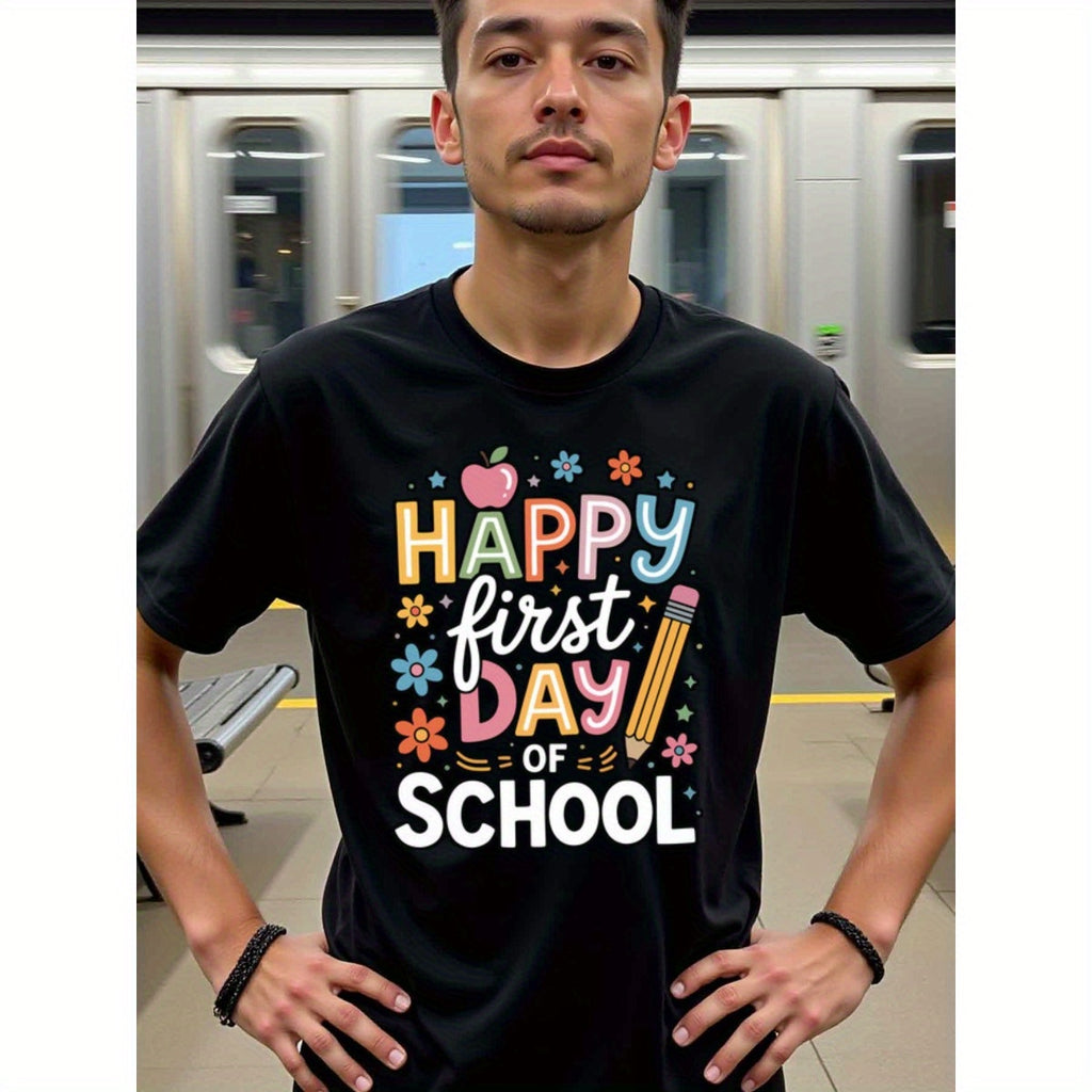 natee local warehouse clearance Back-to-school Celebration: Happy First Day of School T-shirt, man's T-Shirt,100% Cotton Fabric,Crew Neck,Short Sleeve,Regular Fit,All-Season Casual Wear,180gsm-Ideal for Valentines Christian festival Thanksgiving Day, 男t