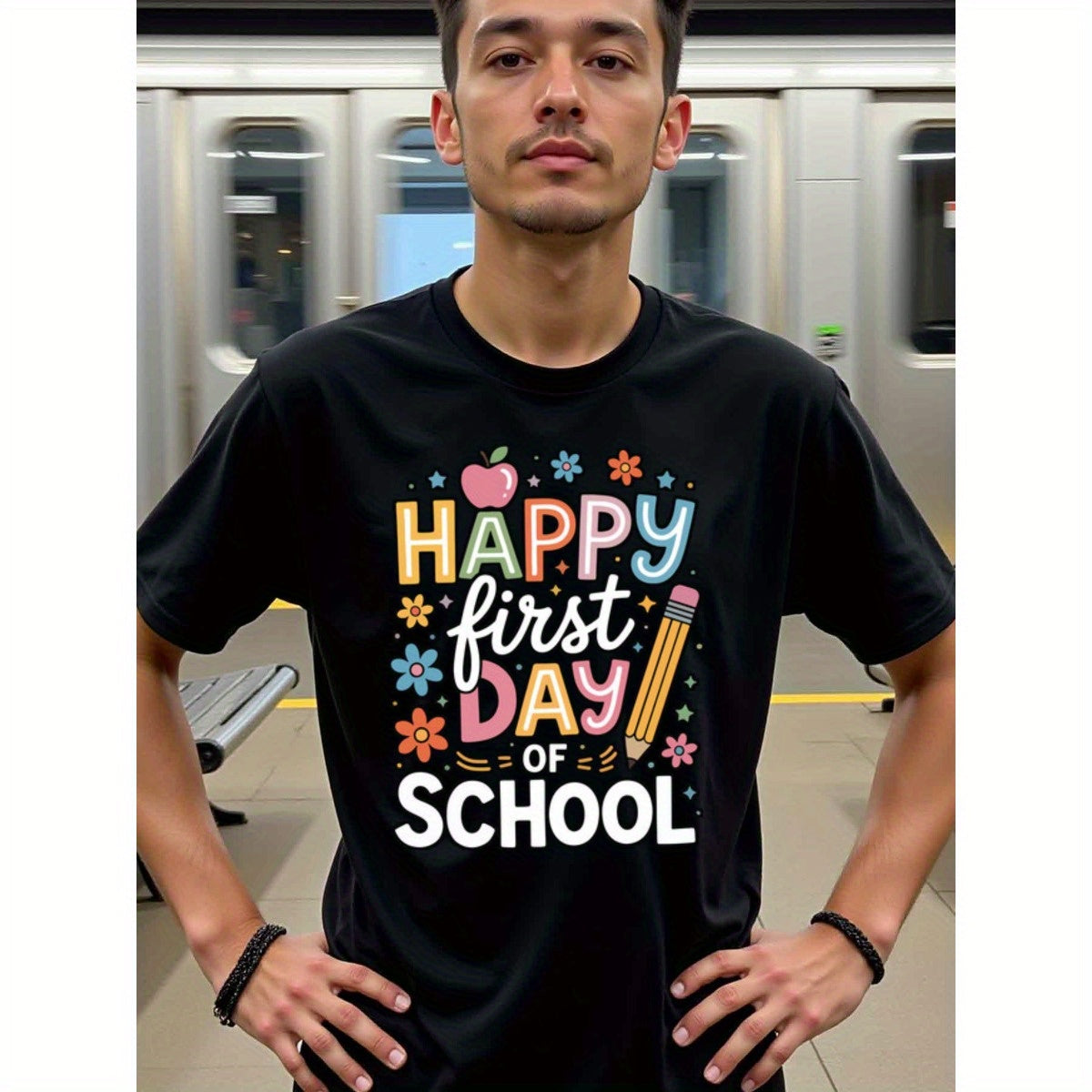 natee local warehouse clearance Back-to-school Celebration: Happy First Day of School T-shirt, man's T-Shirt,100% Cotton Fabric,Crew Neck,Short Sleeve,Regular Fit,All-Season Casual Wear,180gsm-Ideal for Valentines Christian festival Thanksgiving Day, 男t