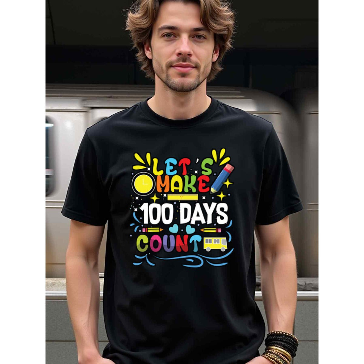 natee local warehouse clearance 100 Days of School Celebration T-shirt, man's T-Shirt,100% Cotton Fabric,Crew Neck,Short Sleeve,Regular Fit,All-Season Casual Wear,180gsm-Ideal for All Saints' Day Thanksgiving Day, 男t