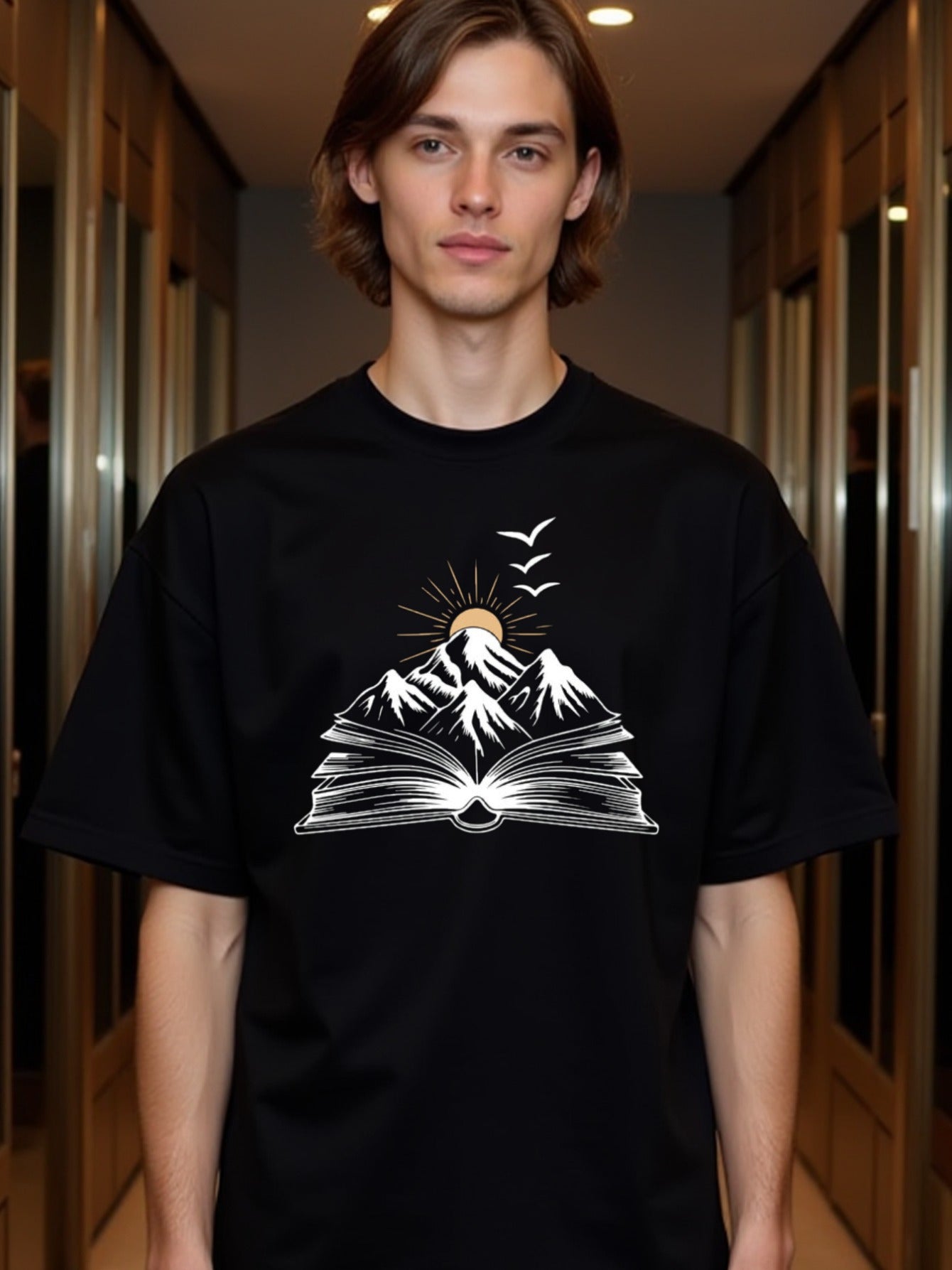 natee local warehouse clearance Adventure Awaits: Mountain Book Graphic Tee, man's T-Shirt,100% Cotton Fabric,Crew Neck,Short Sleeve,Regular Fit,All-Season Casual Wear,180gsm-Ideal for Valentines Christian festival Thanksgiving Day,