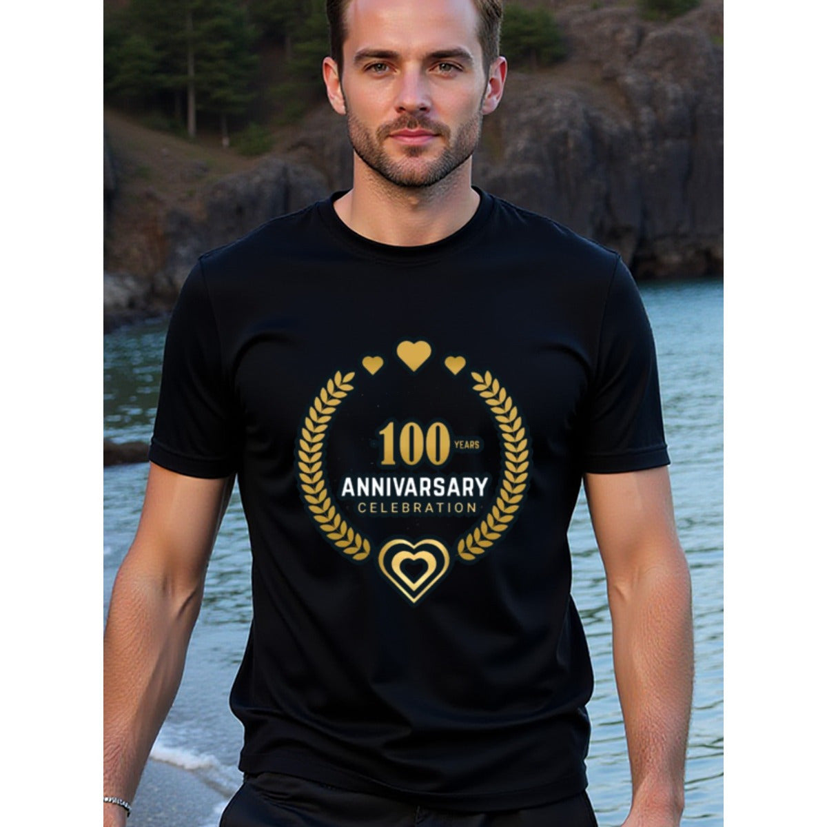 natee local warehouse clearance 100 Years Anniversary Celebration Black T-shirt, 100% Cotton Fabric,Crew Neck,Regular Fit,Weekend Casual Wear,180gsm Family Friends Christian festival Thanksgiving Day, 男t