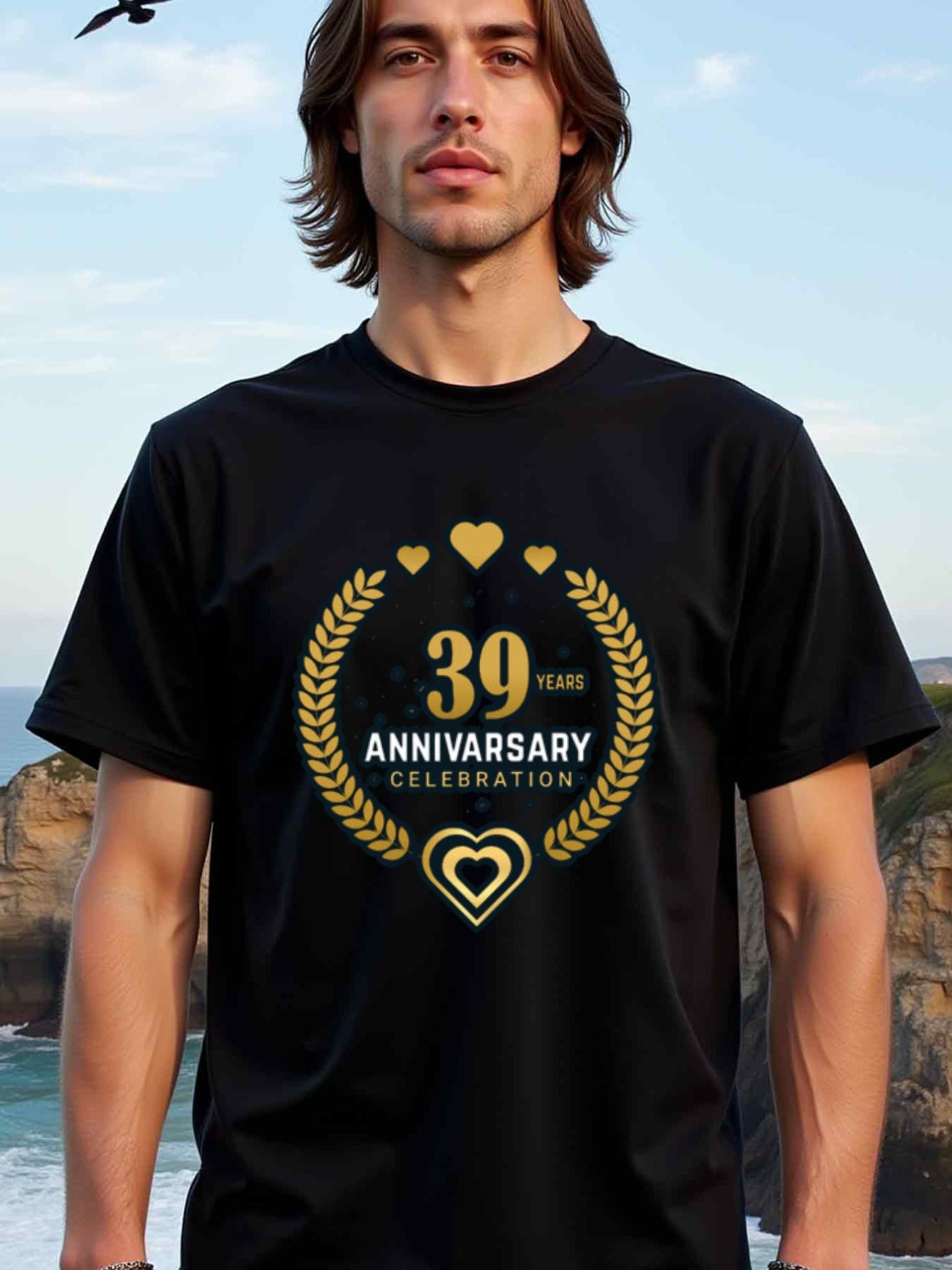 natee local warehouse clearance 39th Anniversary Celebration T-shirt - Gold Hearts & Laurels Design, man's T-Shirt,100% Cotton Fabric,Crew Neck,Short Sleeve,Regular Fit,All-Season Casual Wear,180gsm-Ideal for Valentines Christian festival Thanksgiving Day