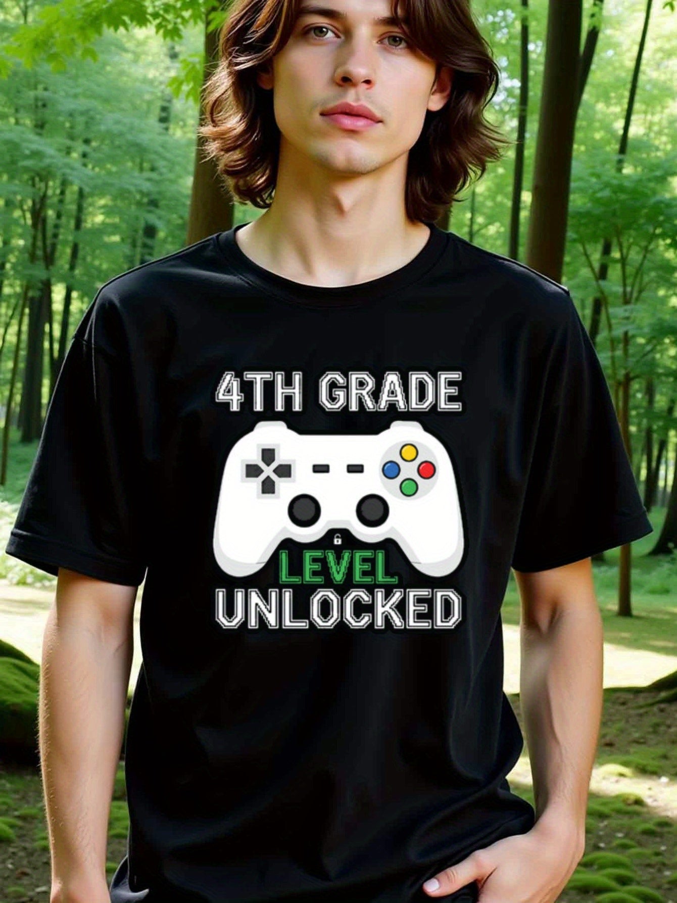 natee local warehouse clearance 4th Grade Level Unlocked Gamer T-shirt, 100% Cotton Fabric,Crew Neck,Regular Fit,Weekend Casual Wear,180gsm Family Friends Christian festival Thanksgiving Day, 男t