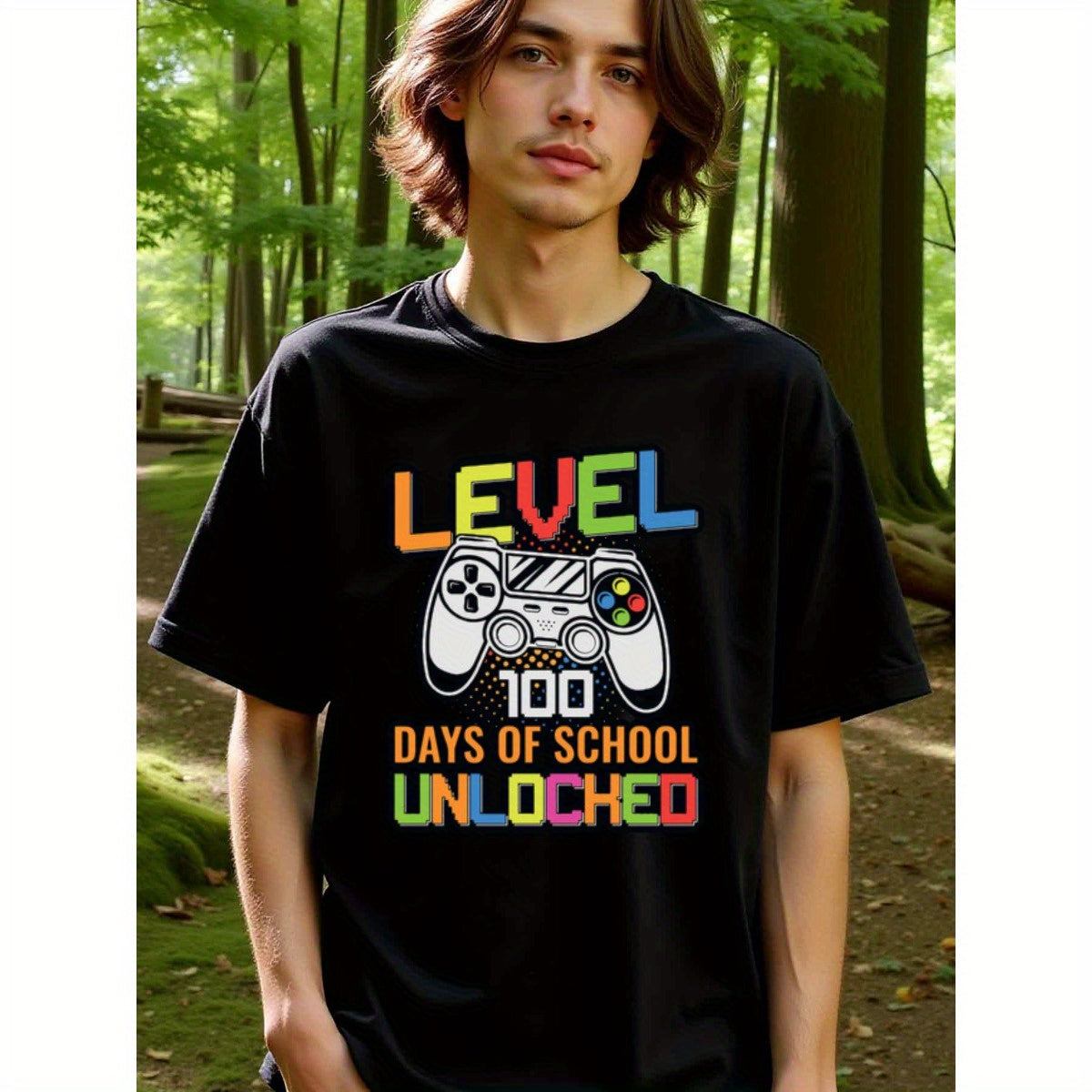 natee local warehouse clearance 100 Days of School Unlocked Gamer T-shirt, man's T-Shirt,100% Cotton Fabric,Crew Neck,Short Sleeve,Regular Fit,All-Season Casual Wear,180gsm-Ideal For Summer Holiday Gift, 男t