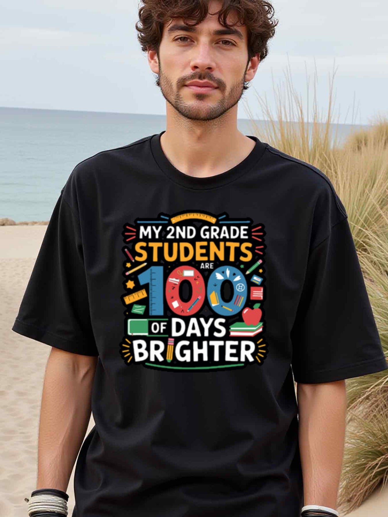 natee local warehouse clearance 2nd Grade Teacher 100 Days Brighter T-shirt, man's T-Shirt,100% Cotton Fabric,Crew Neck,Short Sleeve,Regular Fit,All-Season Casual Wear,180gsm-Ideal For Summer Holiday Gift, 男t