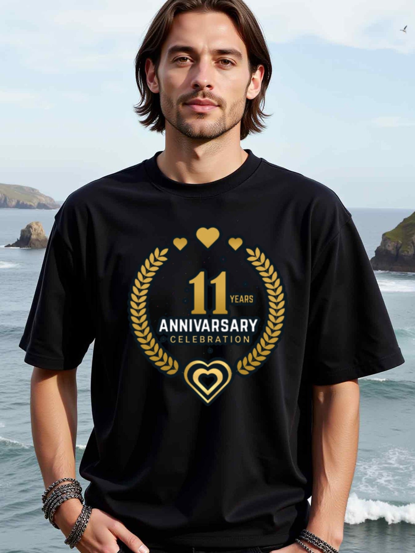 natee local warehouse clearance 11th Anniversary Celebration T-shirt - Black & Gold Hearts Design, man's T-Shirt,100% Cotton Fabric,Crew Neck,Short Sleeve,Regular Fit,All-Season Casual Wear,180gsm-Ideal for All Saints' Day Thanksgiving Day, 男t