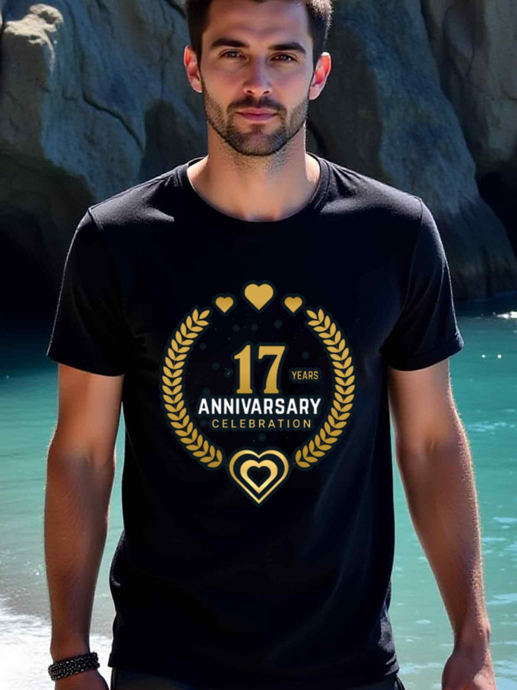 natee local warehouse clearance 17th Anniversary Celebration T-shirt - Black & Gold Hearts Design, 100% Cotton Fabric,Crew Neck,Short Sleeve,Regular Fit,All-season casual wear for man and teens-perfect for running, hiking, the beach, and parties Christian