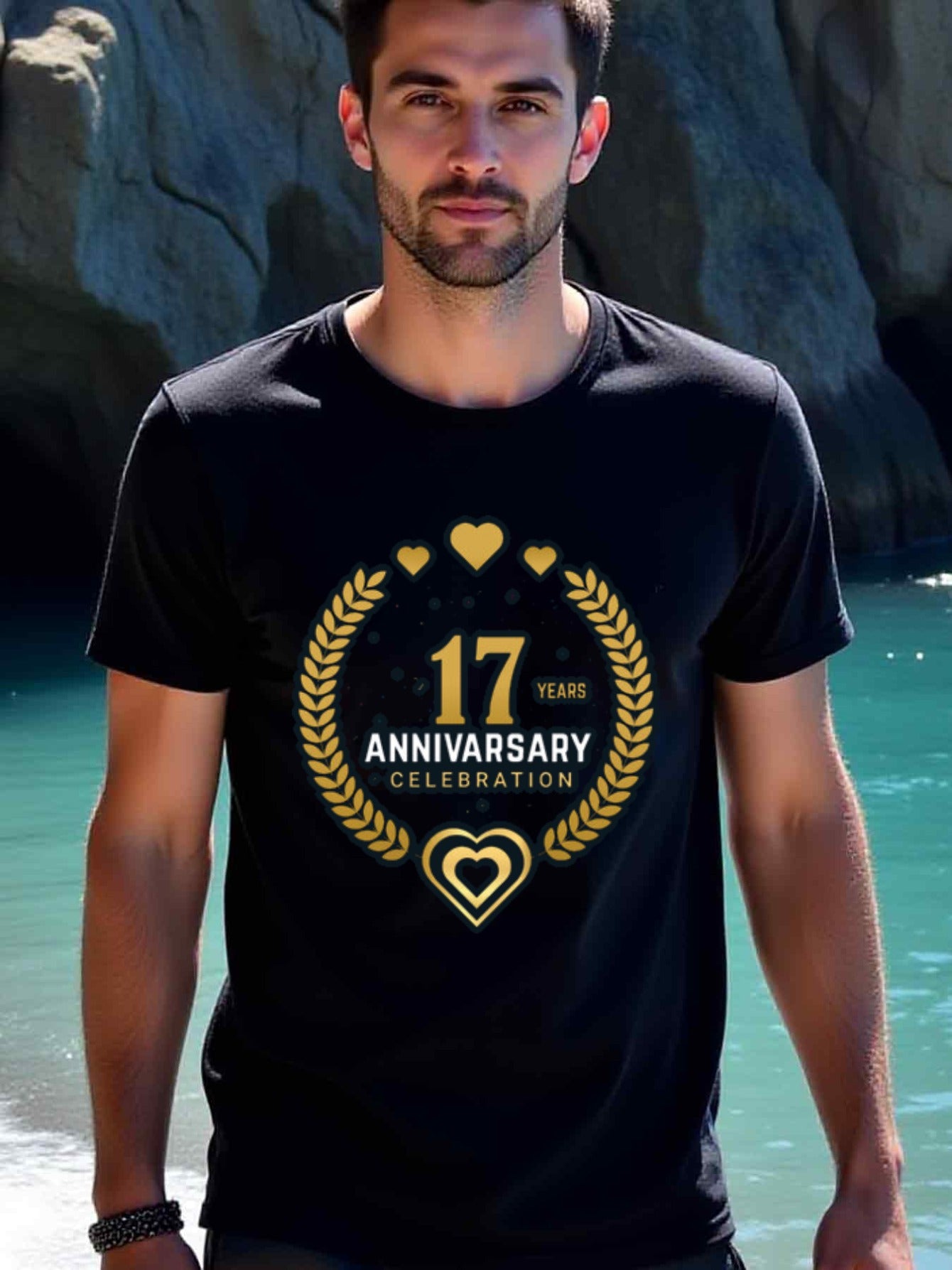 natee local warehouse clearance 17th Anniversary Celebration T-shirt - Black & Gold Hearts Design, 100% Cotton Fabric,Crew Neck,Short Sleeve,Regular Fit,All-season casual wear for man and teens-perfect for running, hiking, the beach, and parties Christian