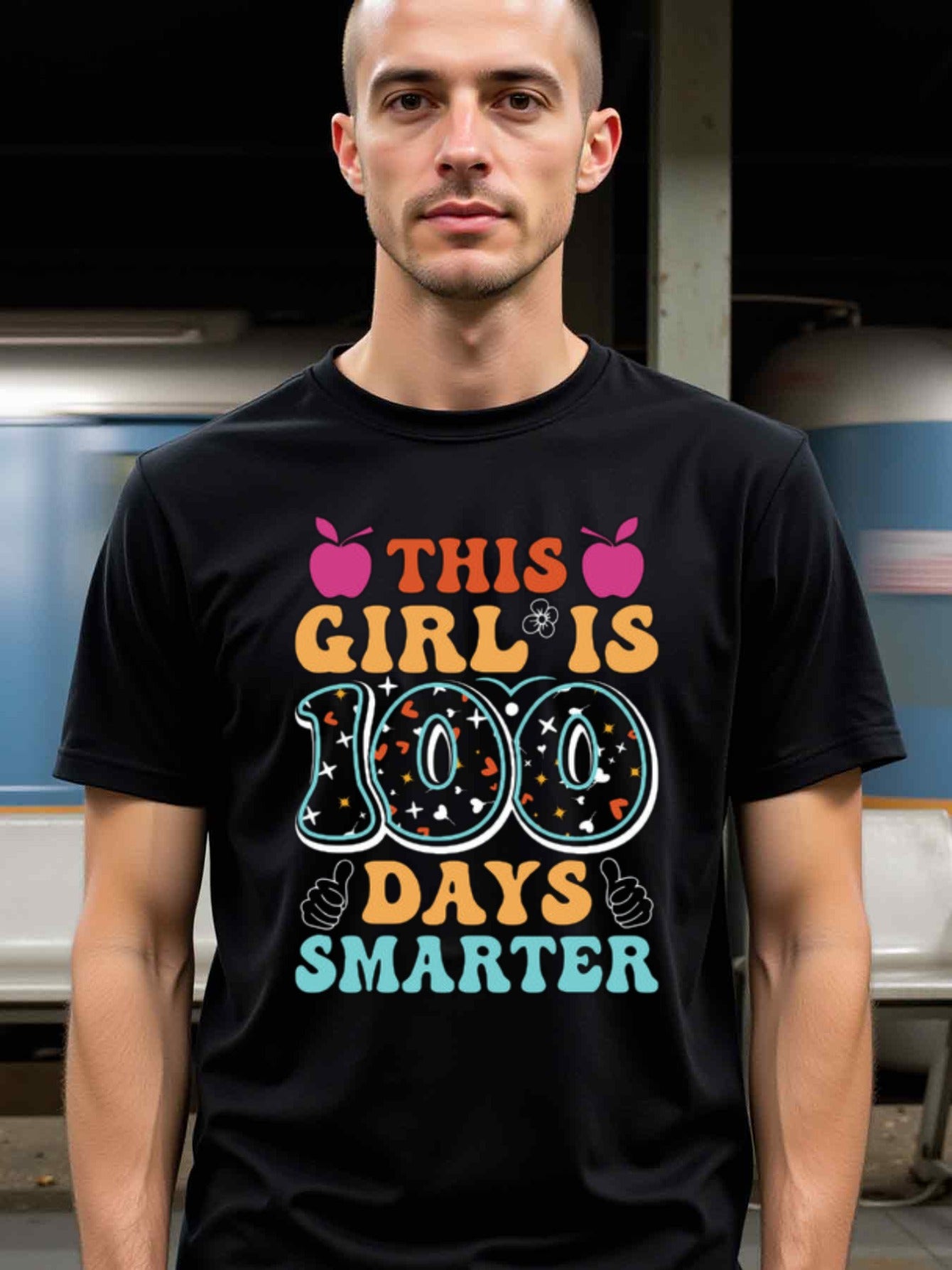 natee local warehouse clearance 100 Days Smarter: Celebrate 100th Day of School with This Girl!, man's T-Shirt,100% Cotton Fabric,Crew Neck,Short Sleeve,Regular Fit,All-Season Casual Wear,180gsm-Ideal for Valentines Christian festival Thanksgiving Day, 男t