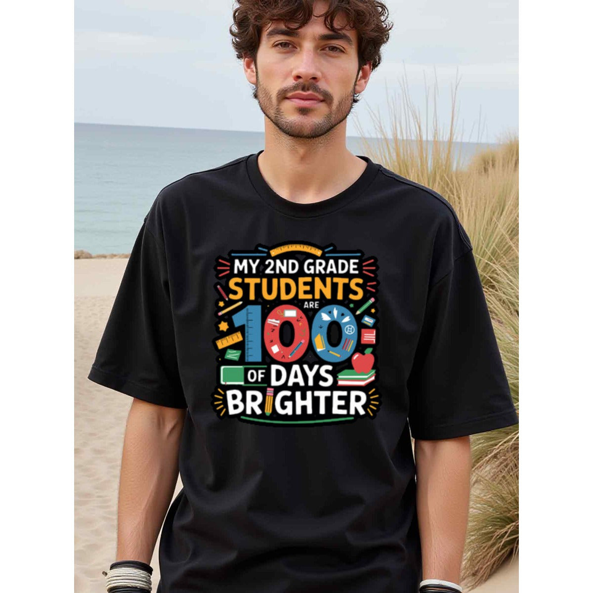 natee local warehouse clearance 2nd Grade Teacher 100 Days Brighter T-shirt, man's T-Shirt,100% Cotton Fabric,Crew Neck,Short Sleeve,Regular Fit,All-Season Casual Wear,180gsm-Ideal For Summer Holiday Gift, 男t