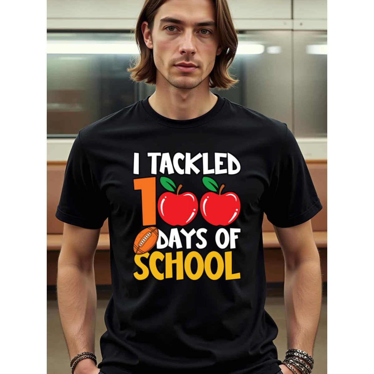 natee local warehouse clearance 100 Days of School Football Tackle Shirt, 100% Cotton Fabric,Crew Neck,Regular Fit,Weekend Casual Wear,180gsm Family Friends Christian festival Thanksgiving Day, 男t