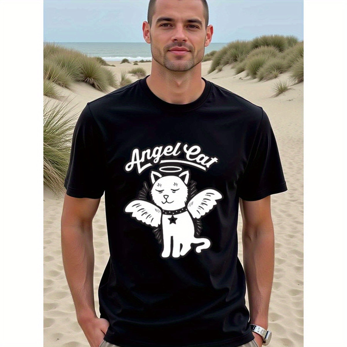 natee local warehouse clearance Angel Cat Graphic Tee - Adorable Kitty Design, 男t, 男t