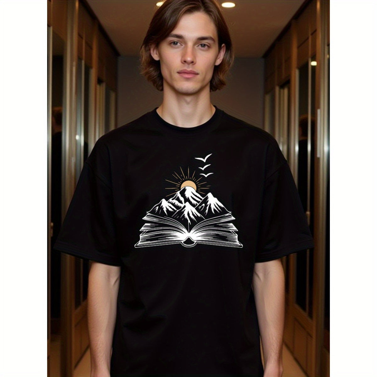 natee local warehouse clearance Adventure Awaits: Mountain Book Graphic Tee, man's T-Shirt,100% Cotton Fabric,Crew Neck,Short Sleeve,Regular Fit,All-Season Casual Wear,180gsm-Ideal for Valentines Christian festival Thanksgiving Day,