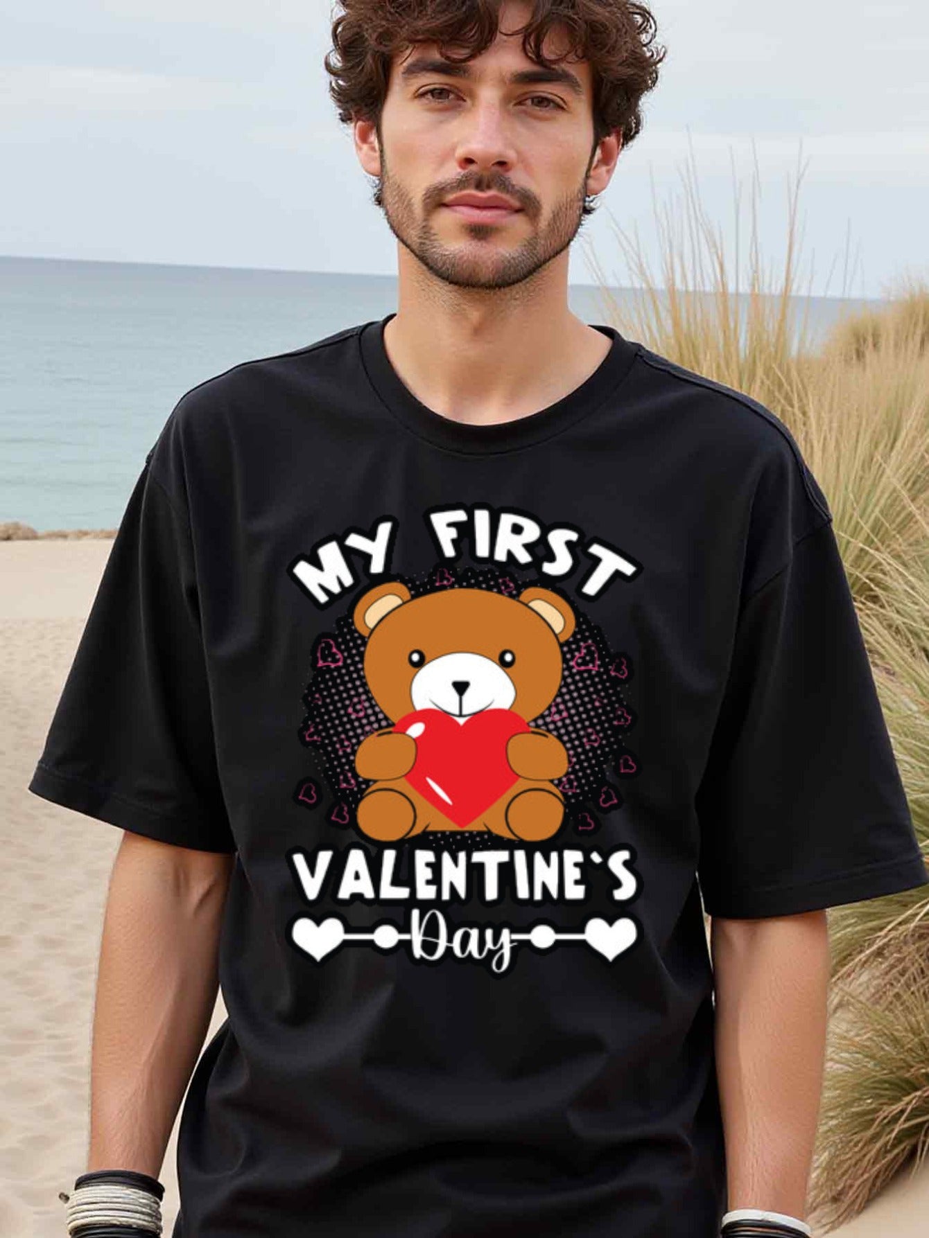 natee local warehouse clearance Adorable Teddy Bear My First Valentine's Day T-shirt, man's T-Shirt,100% Cotton Fabric,Crew Neck,Short Sleeve,Regular Fit,All-Season Casual Wear,180gsm-Ideal for Valentines Christian festival Thanksgiving Day, 男t