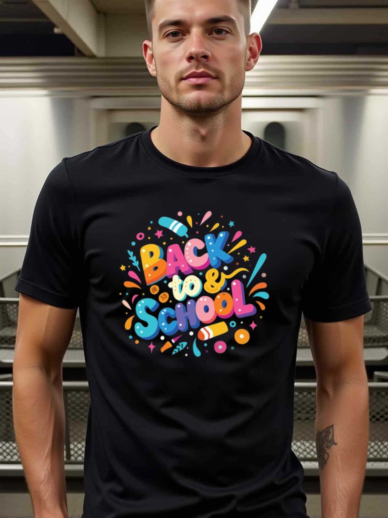natee local warehouse clearance Back to School Fun & Colorful Graphic Tee, man's T-Shirt,100% Cotton Fabric,Crew Neck,Short Sleeve,Regular Fit,All-Season Casual Wear,180gsm-Ideal for Valentines Christian festival Thanksgiving Day, 男t