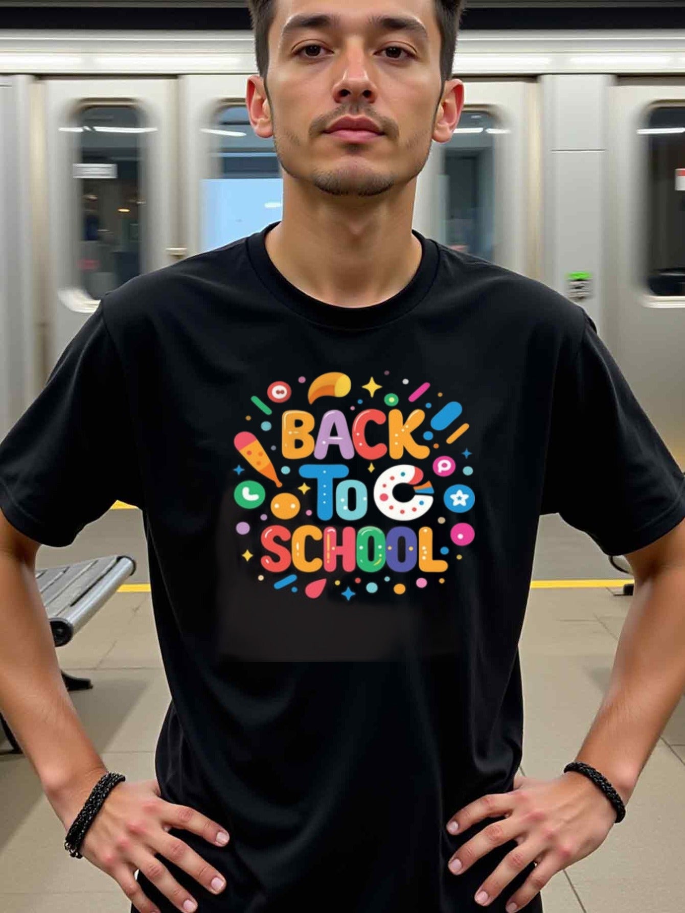 natee local warehouse clearance Back to School Fun & Colorful Graphic Tee, 男t, 男t