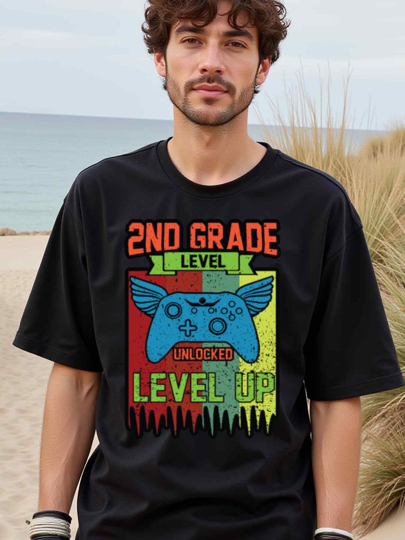 natee local warehouse clearance 2nd Grade Level Unlocked: Gamer's Back-to-school T-shirt, man's T-Shirt,100% Cotton Fabric,Crew Neck,Short Sleeve,Regular Fit,All-Season Casual Wear,180gsm-Ideal For Summer Holiday Gift, 男t