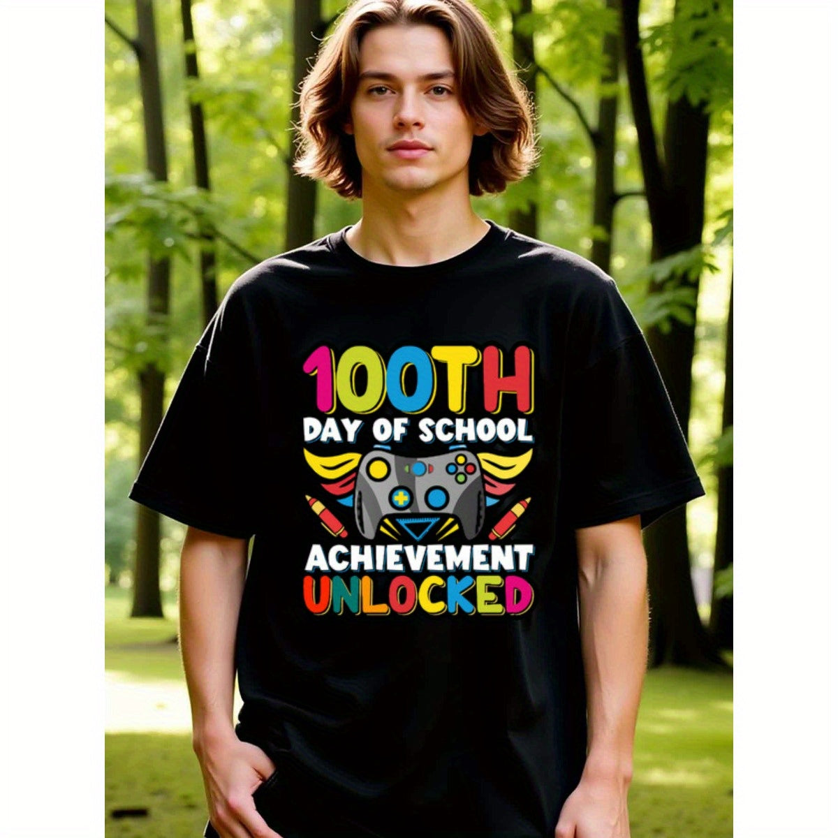 natee local warehouse clearance 100th Day of School Achievement Unlocked Gamer T-shirt, man's T-Shirt,100% Cotton Fabric,Crew Neck,Short Sleeve,Regular Fit,All-Season Casual Wear,180gsm-Ideal for Valentines Christian festival Thanksgiving Day, 男t