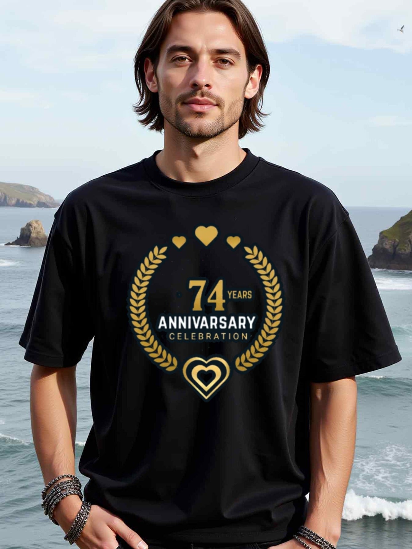 natee local warehouse clearance 74th Anniversary Celebration T-shirt - Black with Gold Hearts & Laurel Wreath Design, 100% Cotton Fabric,Crew Neck,Regular Fit,Weekend Casual Wear,180gsm Family Friends Christian festival Thanksgiving Day, 男t