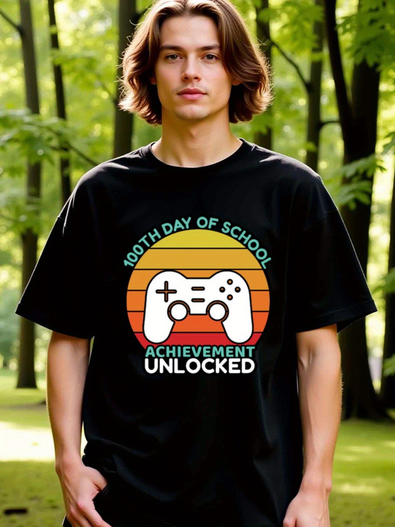 natee local warehouse clearance 100th Day of School: Achievement Unlocked Gamer T-shirt, man's T-Shirt,100% Cotton Fabric,Crew Neck,Short Sleeve,Regular Fit,All-Season Casual Wear,180gsm-Ideal for Valentines Christian festival Thanksgiving Day, 男t