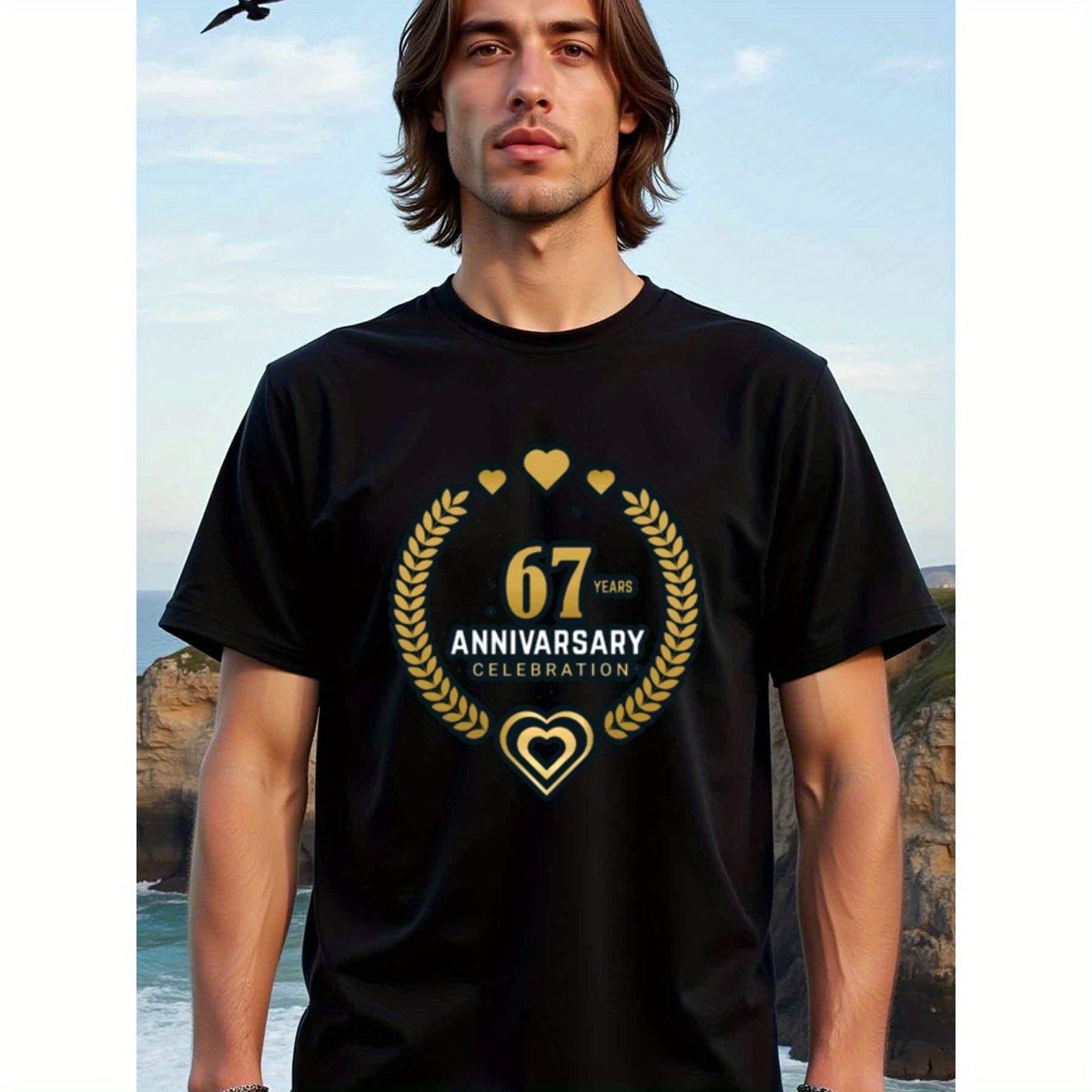 natee local warehouse clearance 67th Anniversary Celebration T-shirt - Gold Hearts & Laurels Design, man's T-Shirt,100% Cotton Fabric,Crew Neck,Short Sleeve,Regular Fit,All-Season Casual Wear,180gsm-Ideal for All Saints' Day Thanksgiving Day, 男t