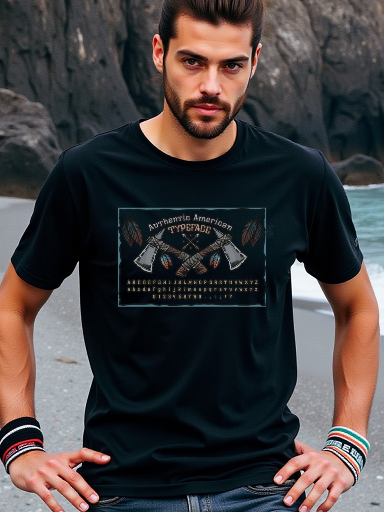 natee local warehouse clearance Authentic American Typeface T-shirt - Native Design, 100% Cotton Fabric,Crew Neck,Regular Fit,Weekend Casual Wear,180gsm Family Friends Christian festival Thanksgiving Day, 男t