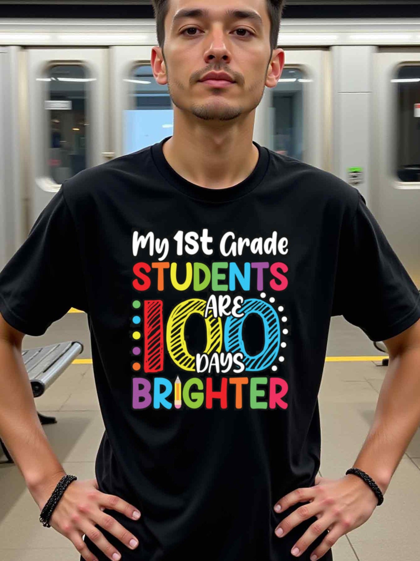 natee local warehouse clearance 100 Days Brighter: Celebrate 1st Grade Students Milestone!, 100% Cotton Fabric,Crew Neck,Regular Fit,Weekend Casual Wear,180gsm Family Friends Christian festival Thanksgiving Day, 男t