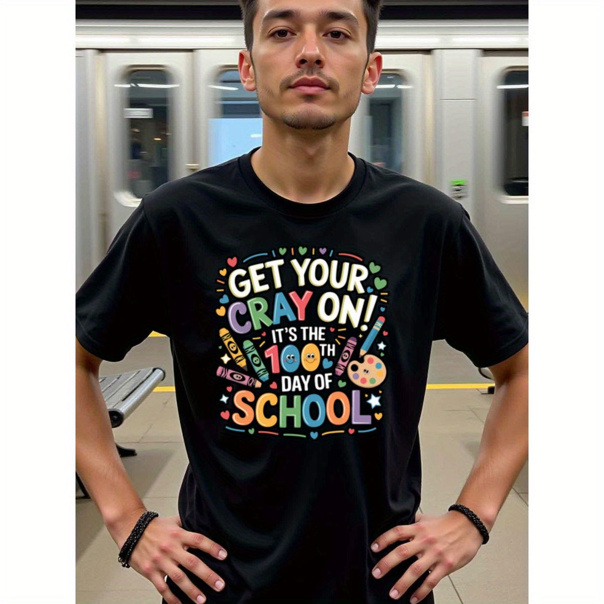 natee local warehouse clearance 100th Day of School Celebration Crayon T-shirt, 100% Cotton Fabric,Crew Neck,Short Sleeve,Regular Fit,All-season casual wear for man and teens-perfect for running, hiking, the beach, and parties Christian festival Thanksgiv